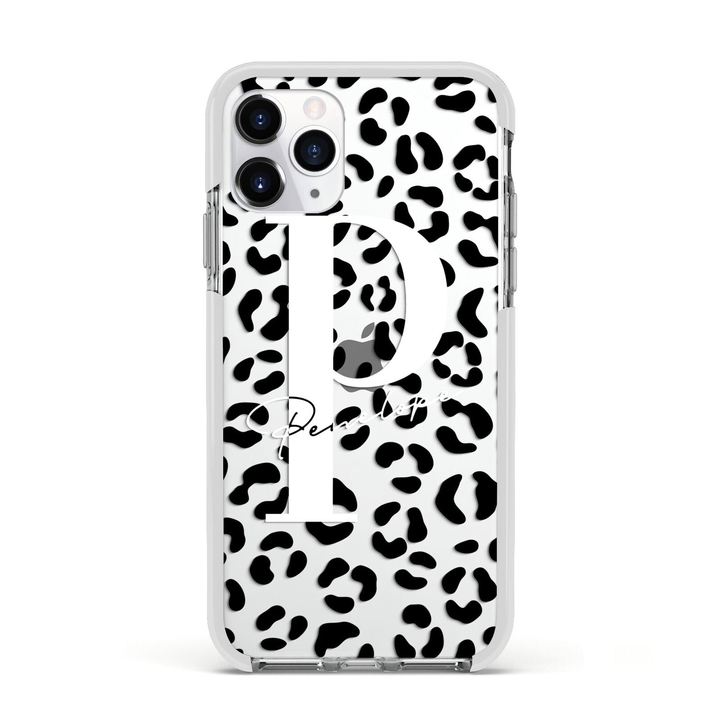 Personalised Leopard Print Clear Black Apple iPhone 11 Pro in Silver with White Impact Case