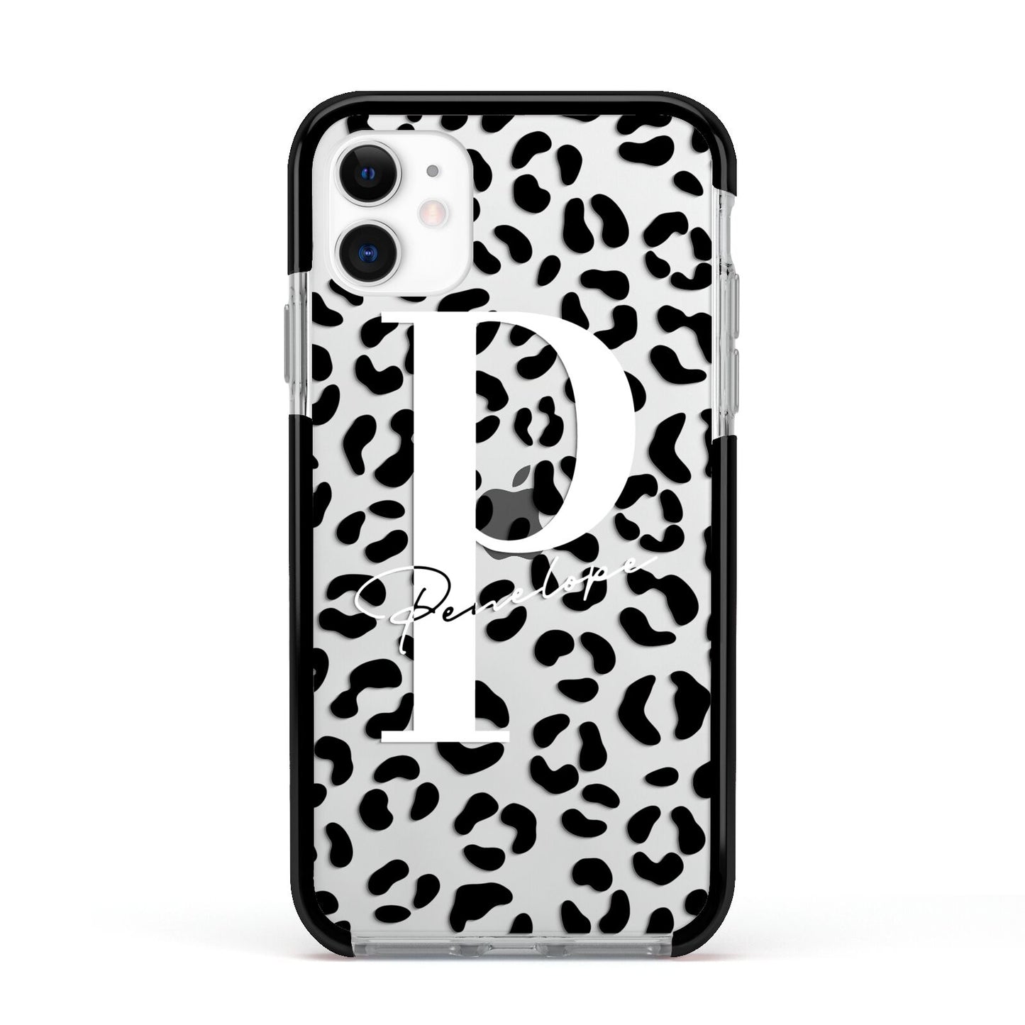 Personalised Leopard Print Clear Black Apple iPhone 11 in White with Black Impact Case