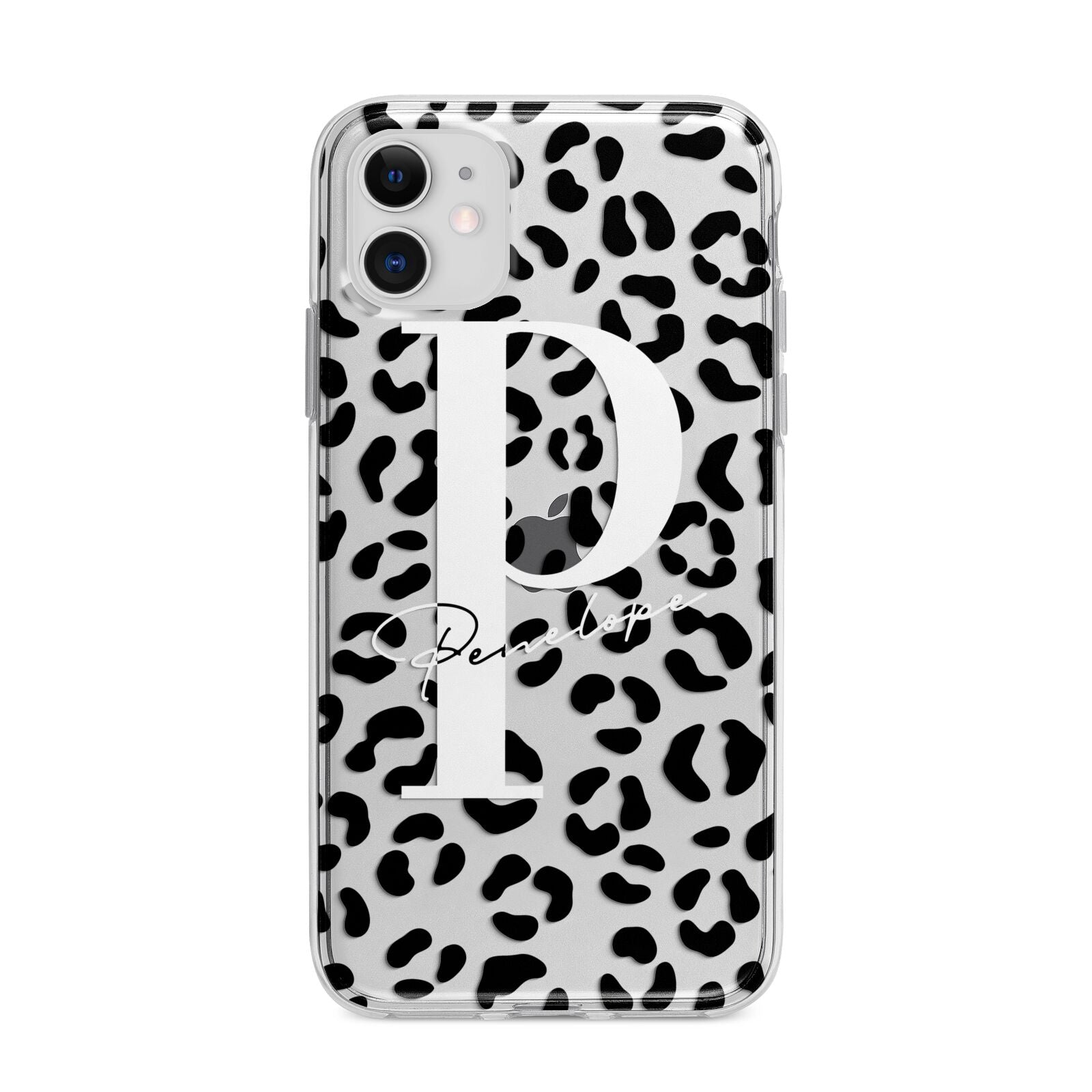 Personalised Leopard Print Clear Black Apple iPhone 11 in White with Bumper Case