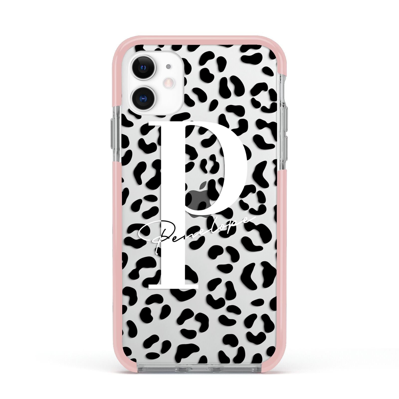 Personalised Leopard Print Clear Black Apple iPhone 11 in White with Pink Impact Case