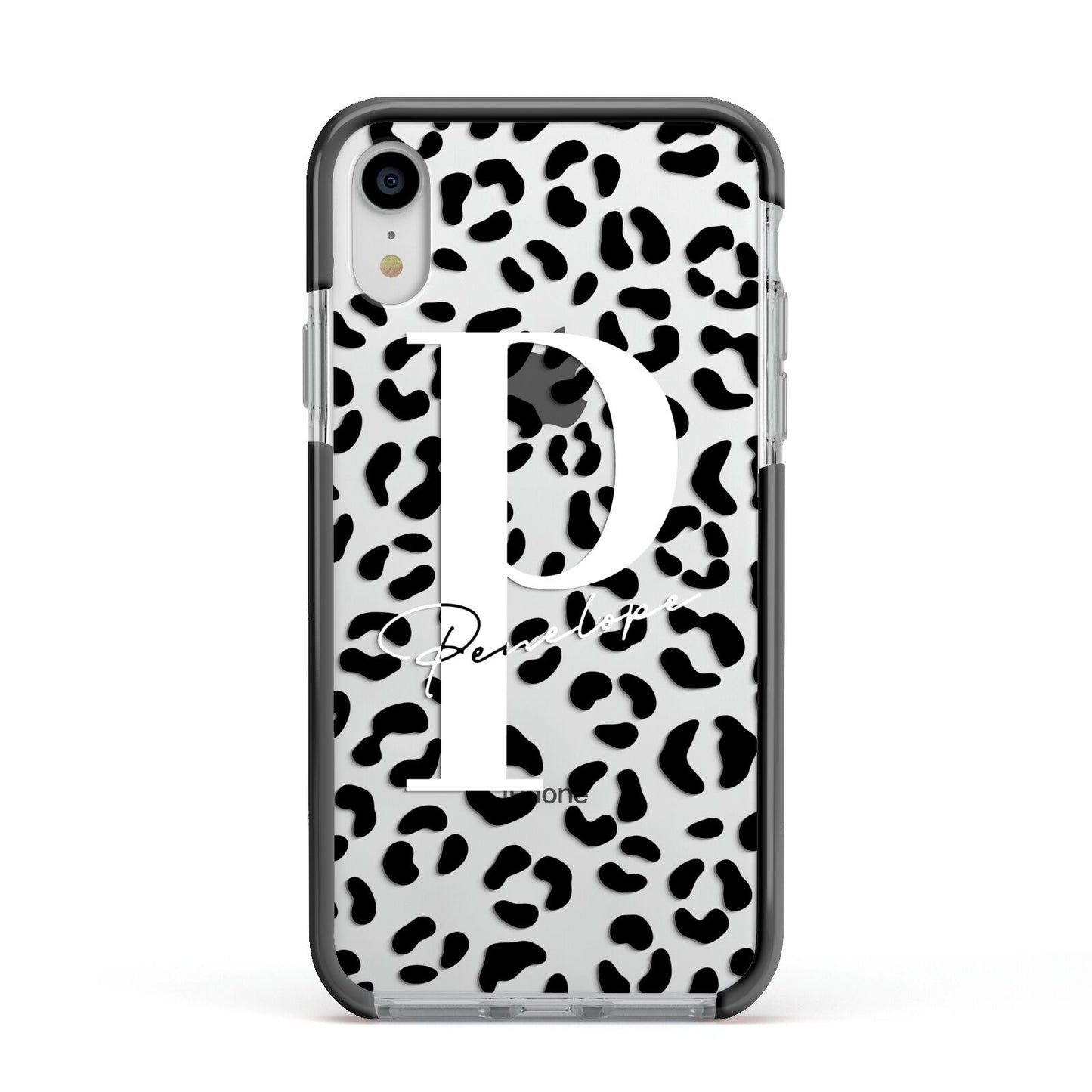 Personalised Leopard Print Clear Black Apple iPhone XR Impact Case Black Edge on Silver Phone