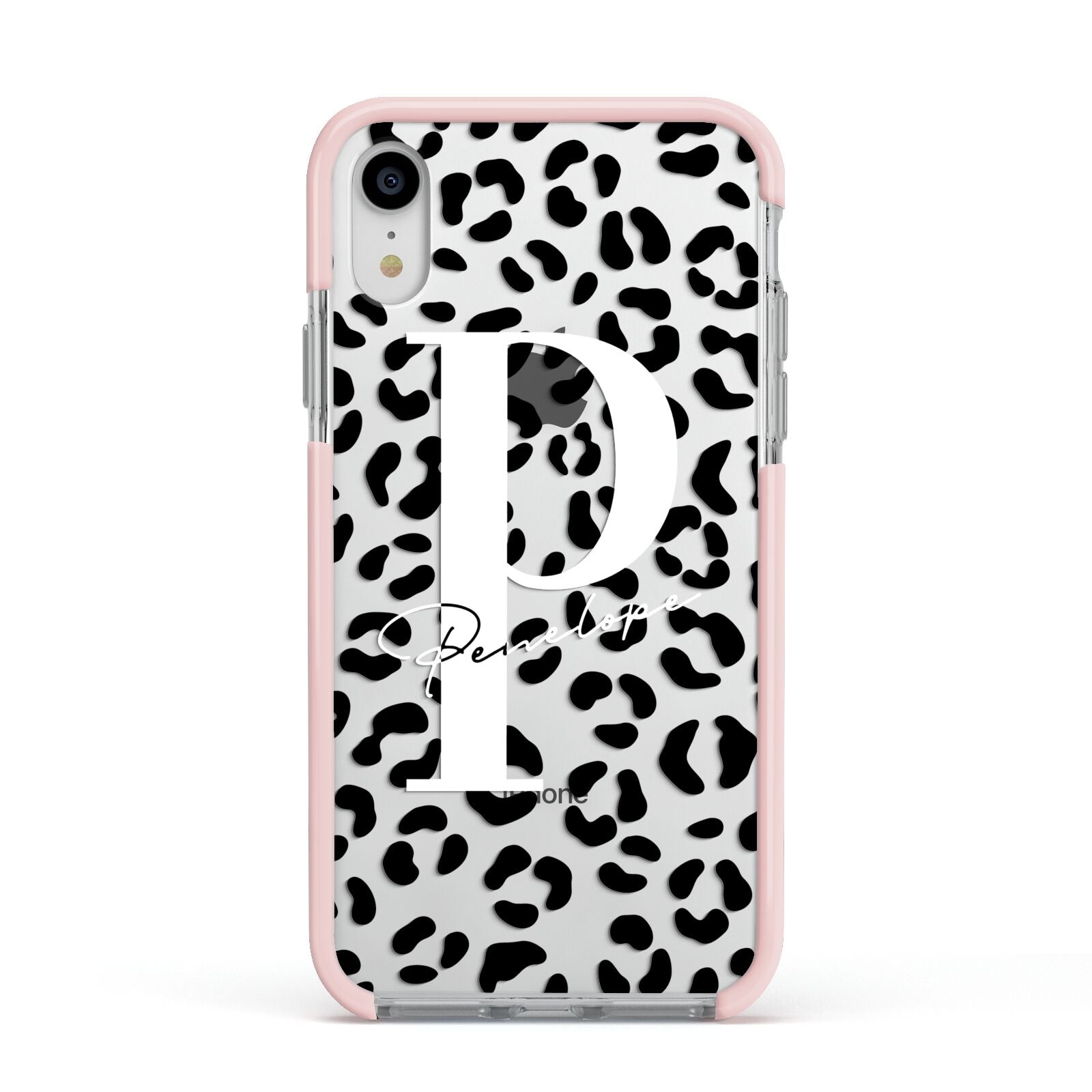 Personalised Leopard Print Clear Black Apple iPhone XR Impact Case Pink Edge on Silver Phone
