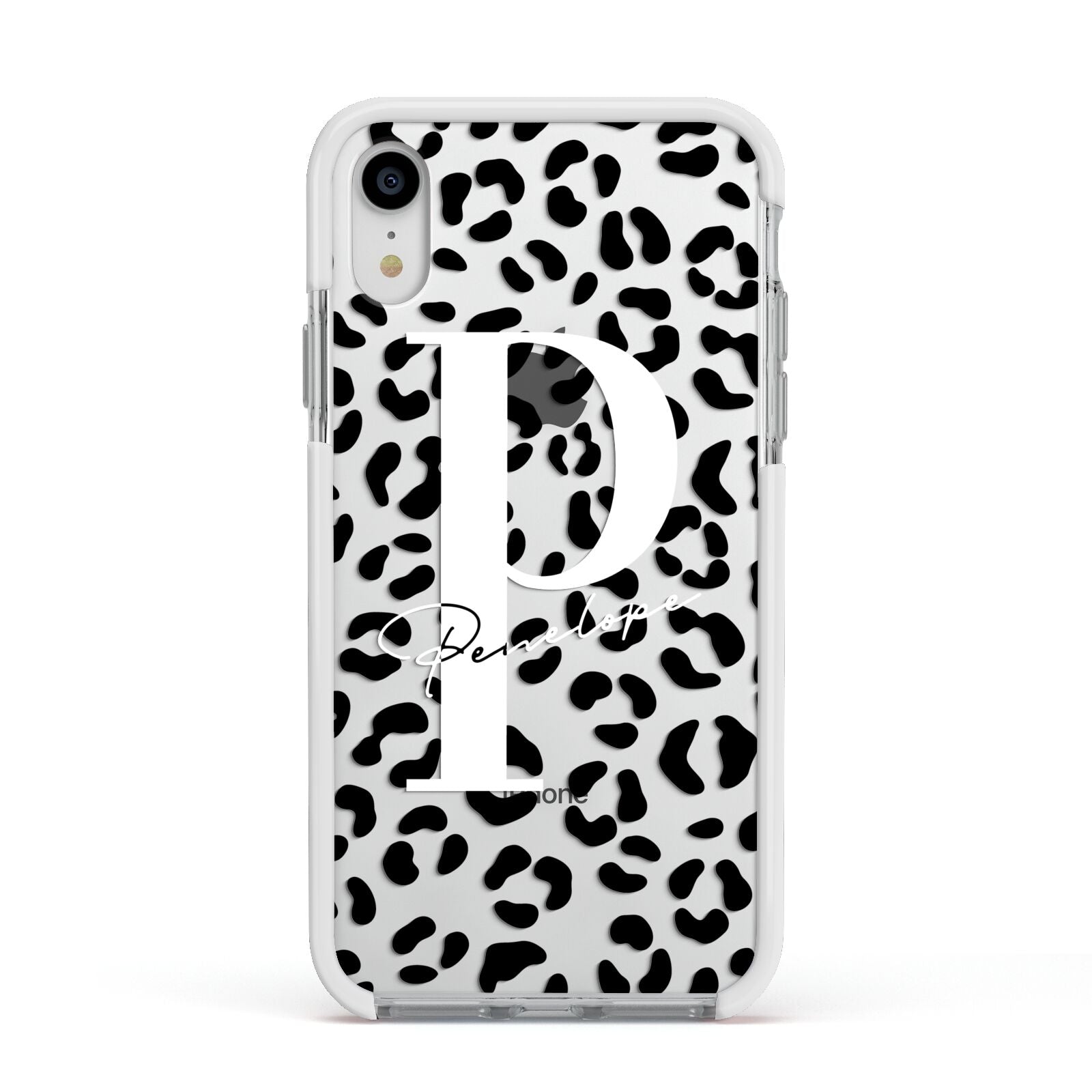 Personalised Leopard Print Clear Black Apple iPhone XR Impact Case White Edge on Silver Phone
