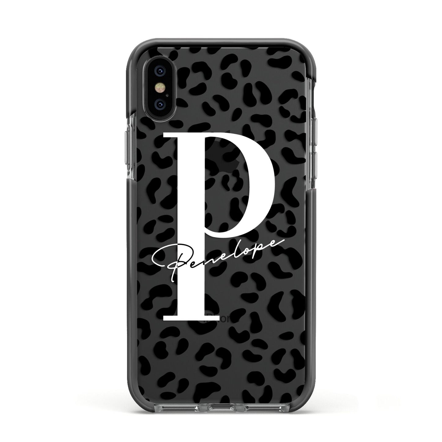 Personalised Leopard Print Clear Black Apple iPhone Xs Impact Case Black Edge on Black Phone