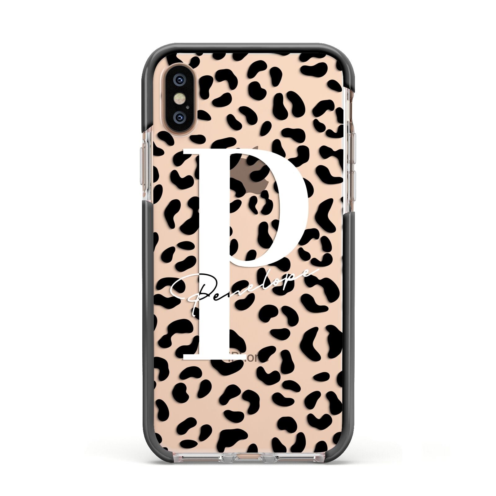 Personalised Leopard Print Clear Black Apple iPhone Xs Impact Case Black Edge on Gold Phone