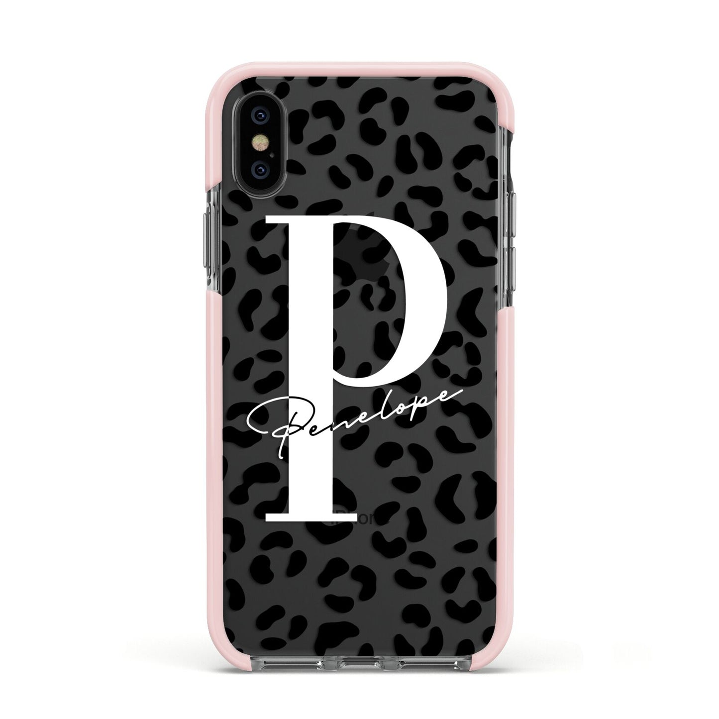 Personalised Leopard Print Clear Black Apple iPhone Xs Impact Case Pink Edge on Black Phone