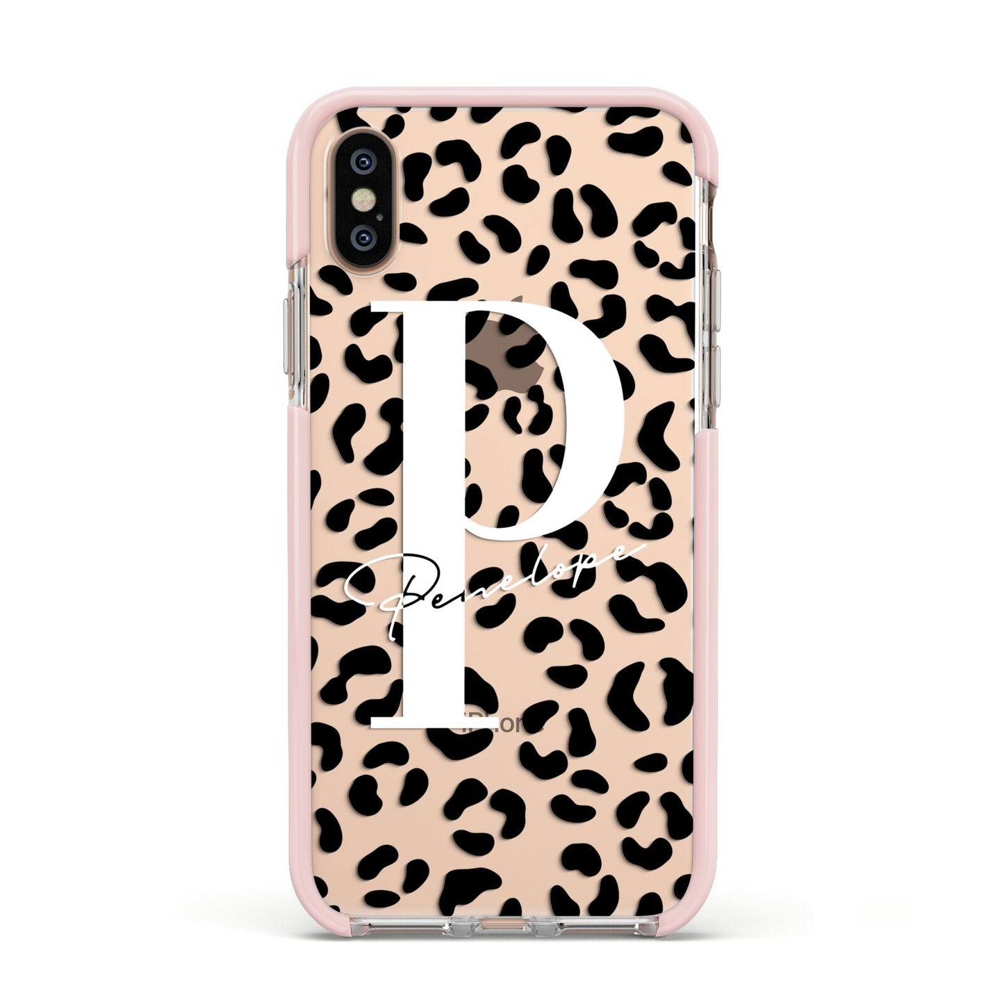 Personalised Leopard Print Clear Black Apple iPhone Xs Impact Case Pink Edge on Gold Phone