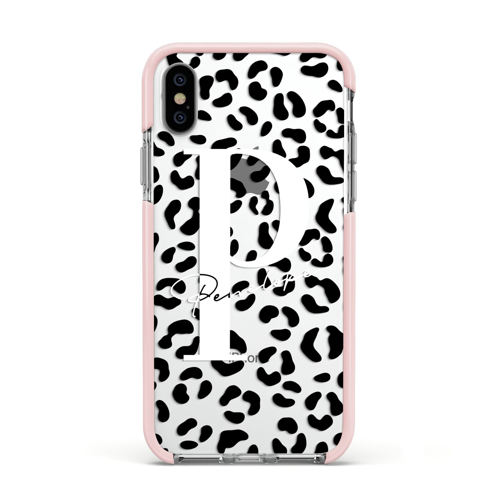 Personalised Leopard Print Clear Black Apple iPhone Xs Impact Case Pink Edge on Silver Phone