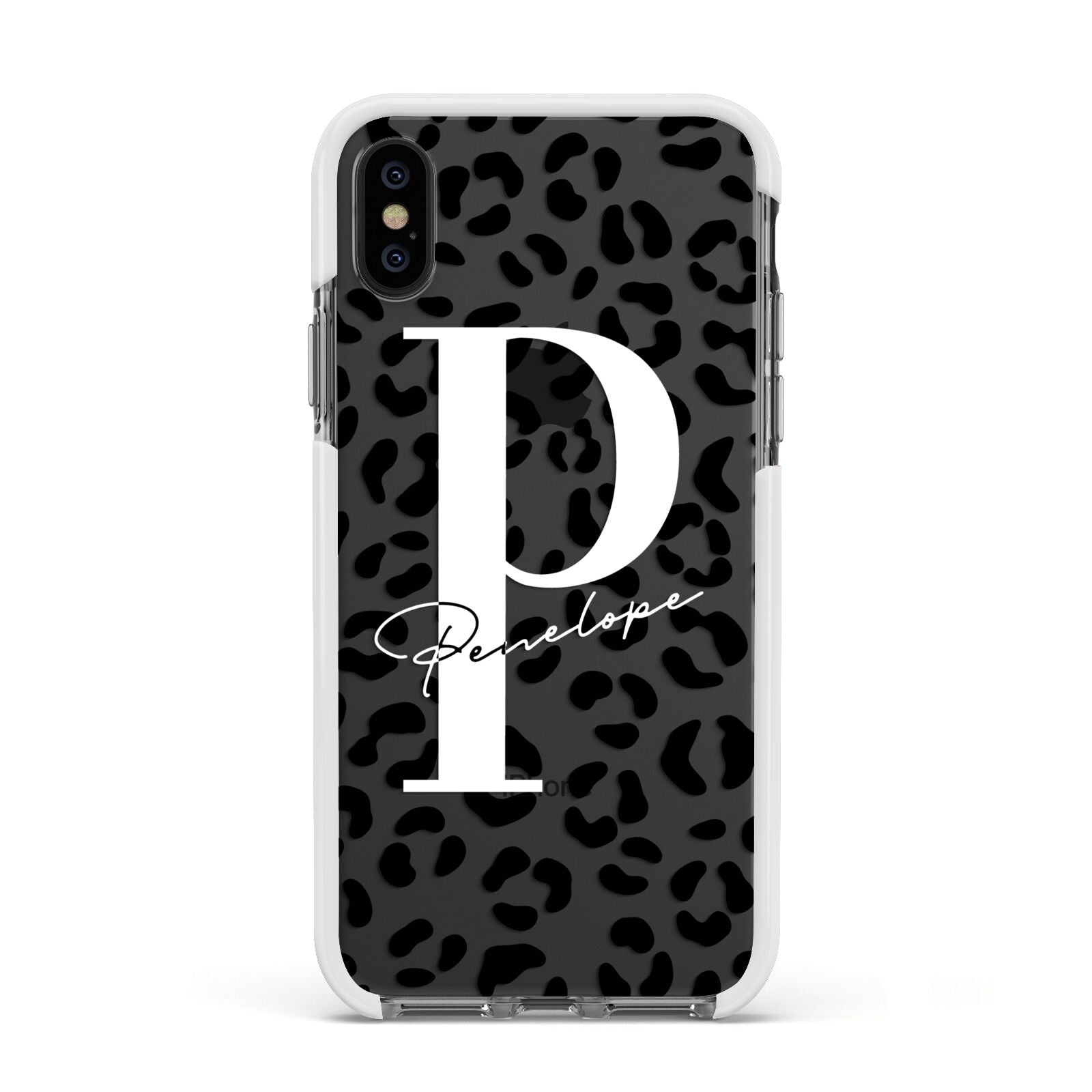 Personalised Leopard Print Clear Black Apple iPhone Xs Impact Case White Edge on Black Phone