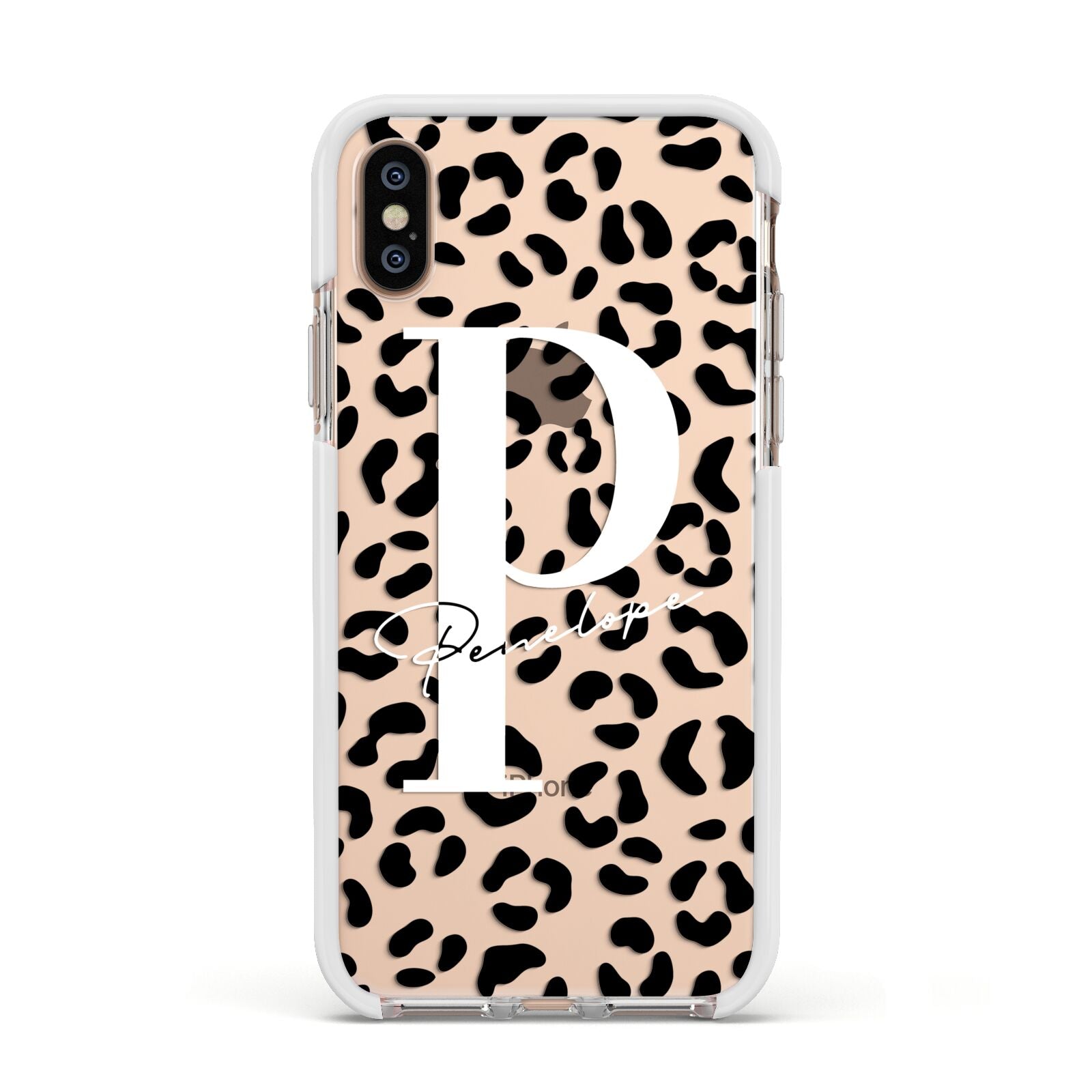 Personalised Leopard Print Clear Black Apple iPhone Xs Impact Case White Edge on Gold Phone