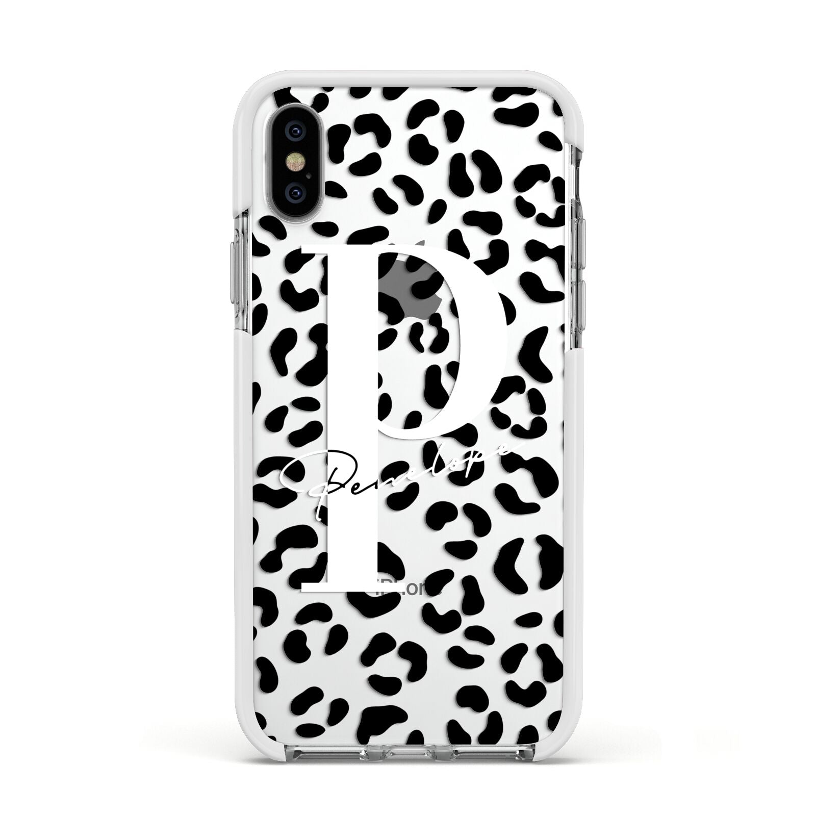 Personalised Leopard Print Clear Black Apple iPhone Xs Impact Case White Edge on Silver Phone