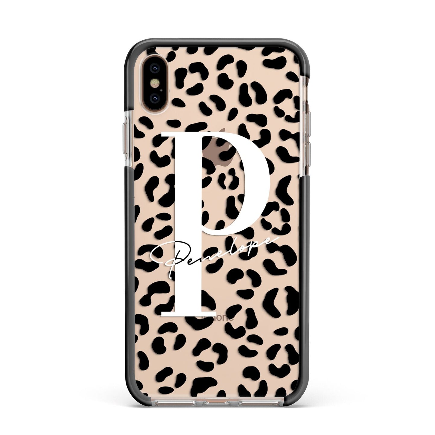 Personalised Leopard Print Clear Black Apple iPhone Xs Max Impact Case Black Edge on Gold Phone