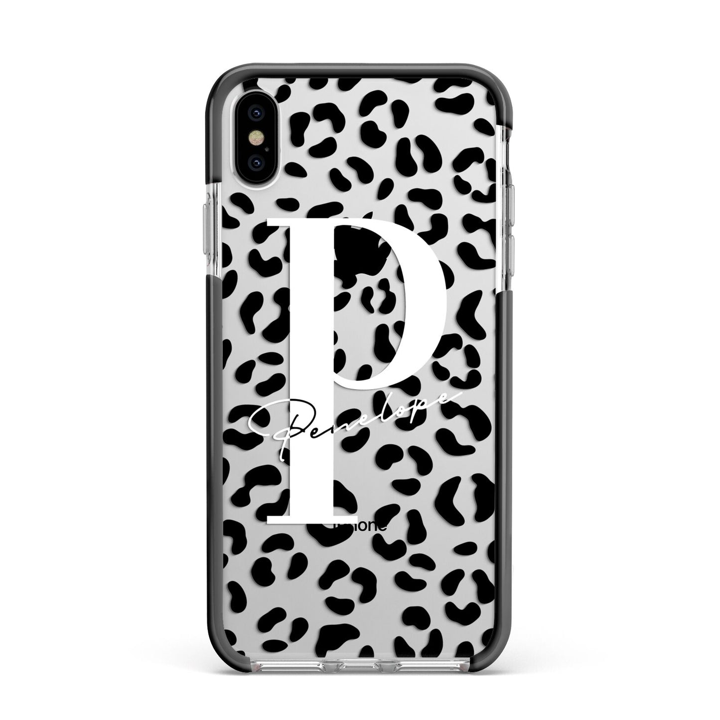 Personalised Leopard Print Clear Black Apple iPhone Xs Max Impact Case Black Edge on Silver Phone