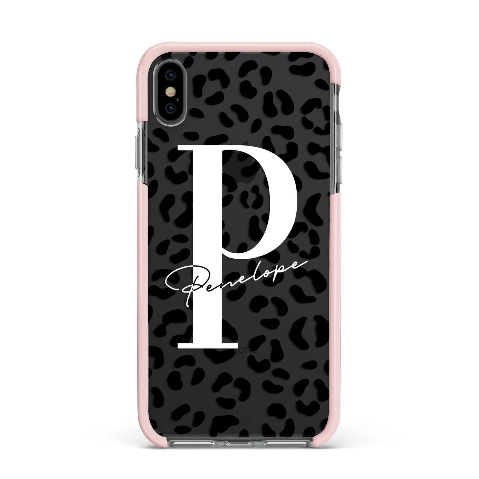 Personalised Leopard Print Clear Black Apple iPhone Xs Max Impact Case Pink Edge on Black Phone