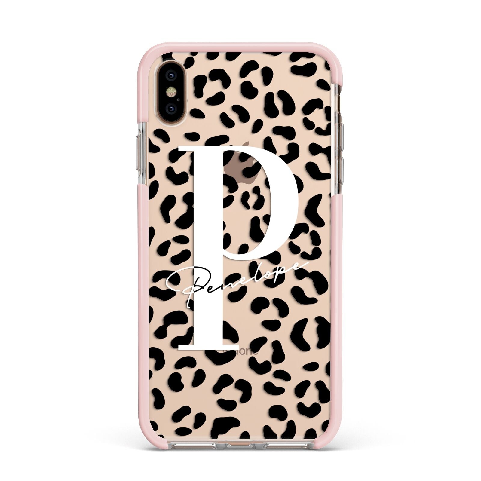 Personalised Leopard Print Clear Black Apple iPhone Xs Max Impact Case Pink Edge on Gold Phone