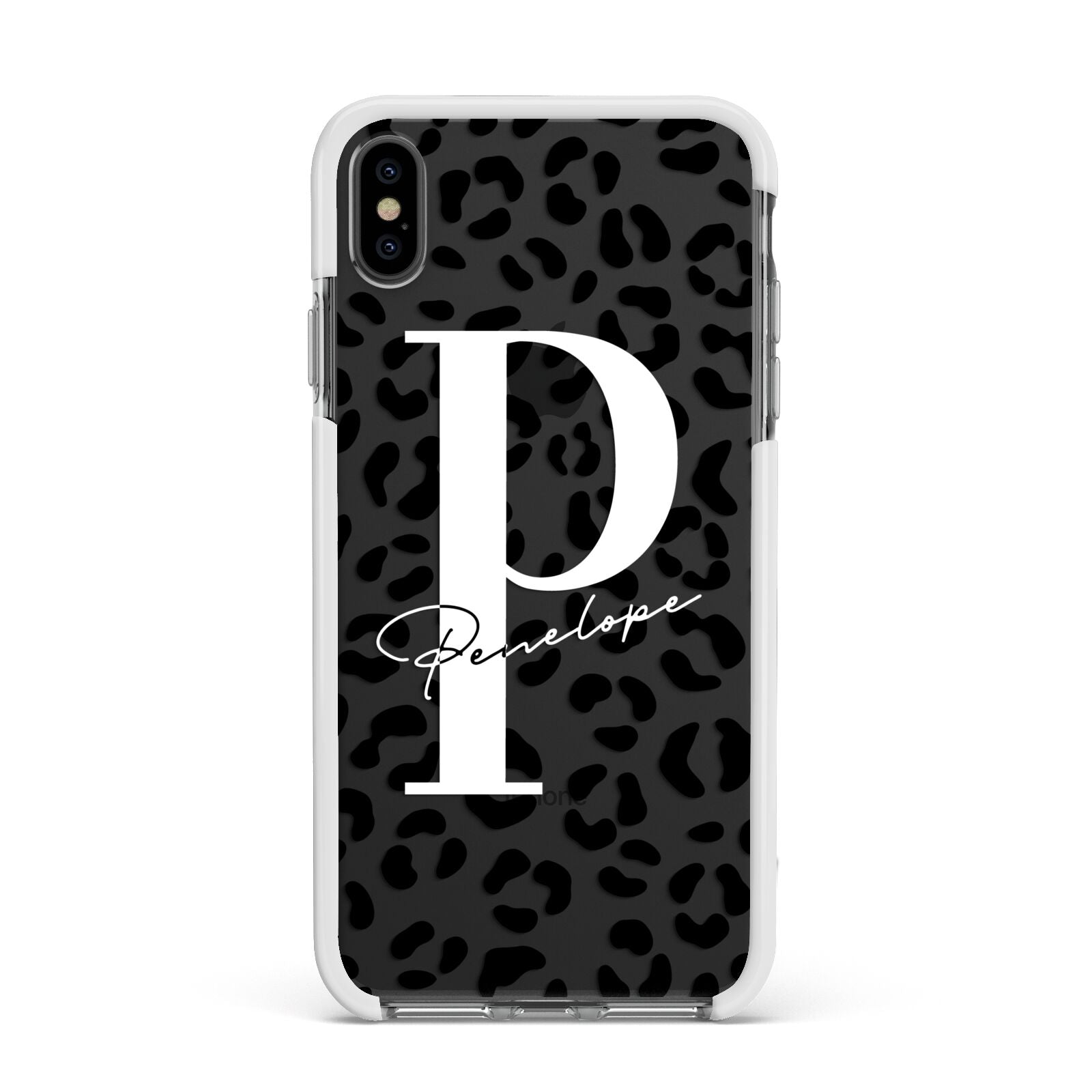 Personalised Leopard Print Clear Black Apple iPhone Xs Max Impact Case White Edge on Black Phone