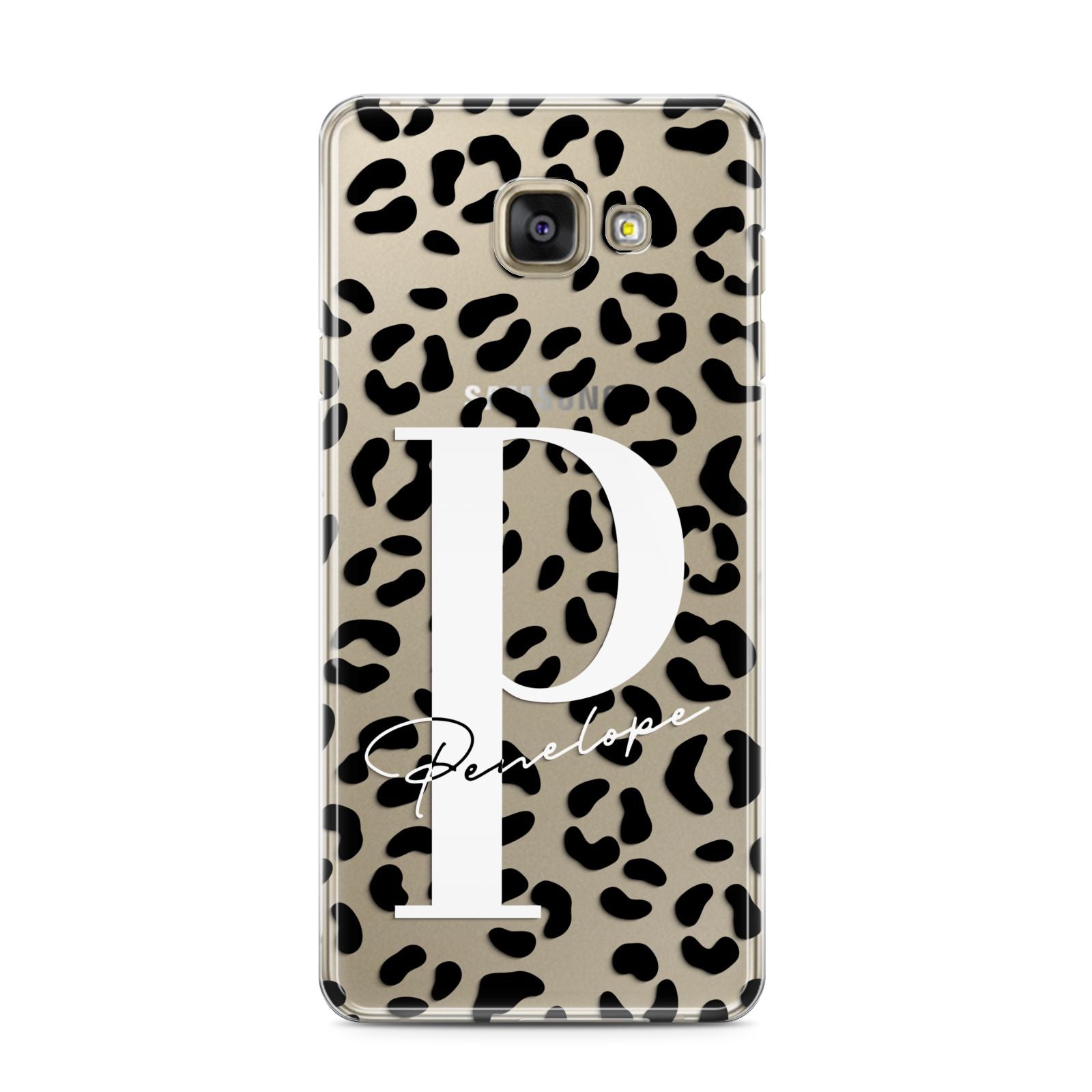 Personalised Leopard Print Clear Black Samsung Galaxy A3 2016 Case on gold phone