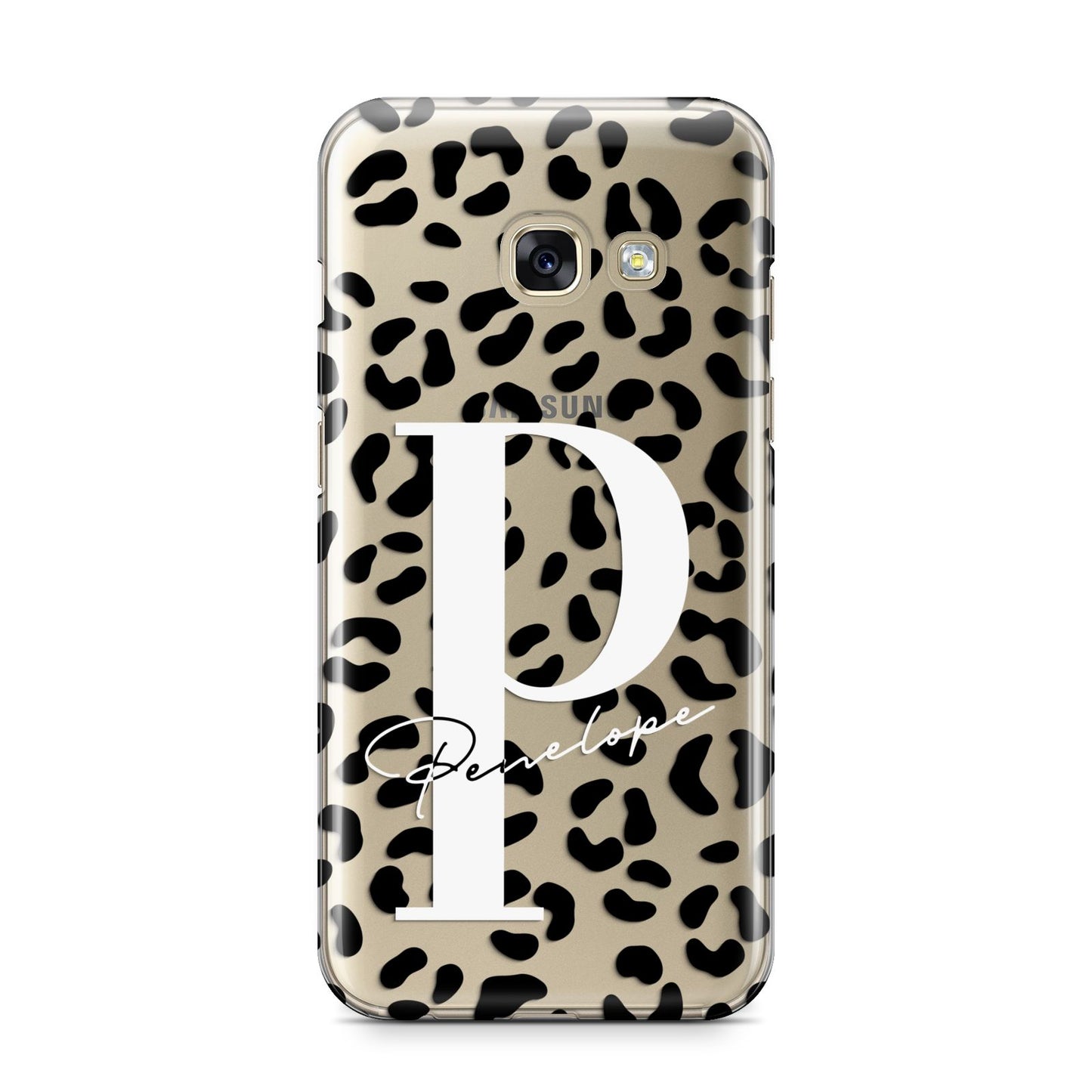 Personalised Leopard Print Clear Black Samsung Galaxy A3 2017 Case on gold phone