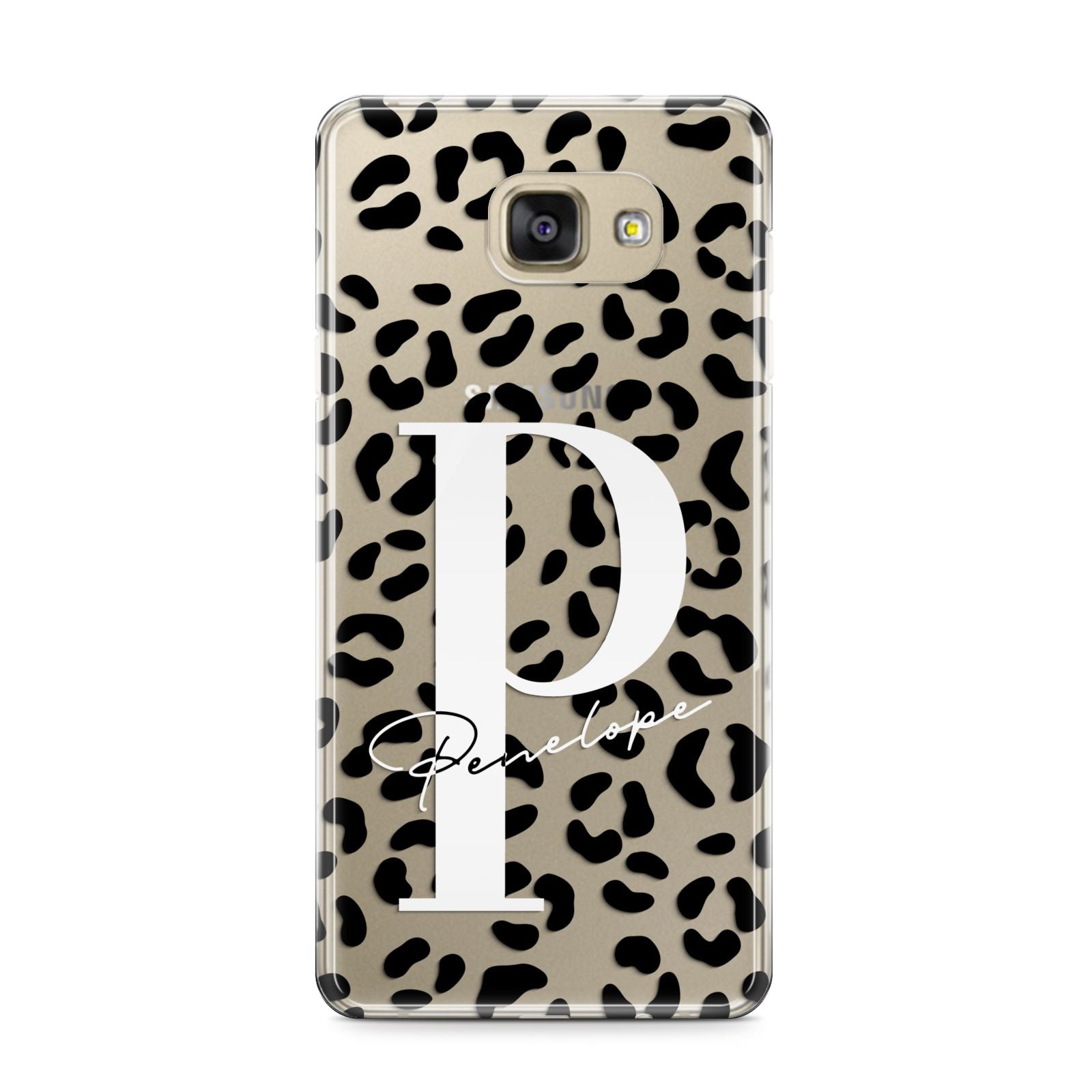 Personalised Leopard Print Clear Black Samsung Galaxy A9 2016 Case on gold phone