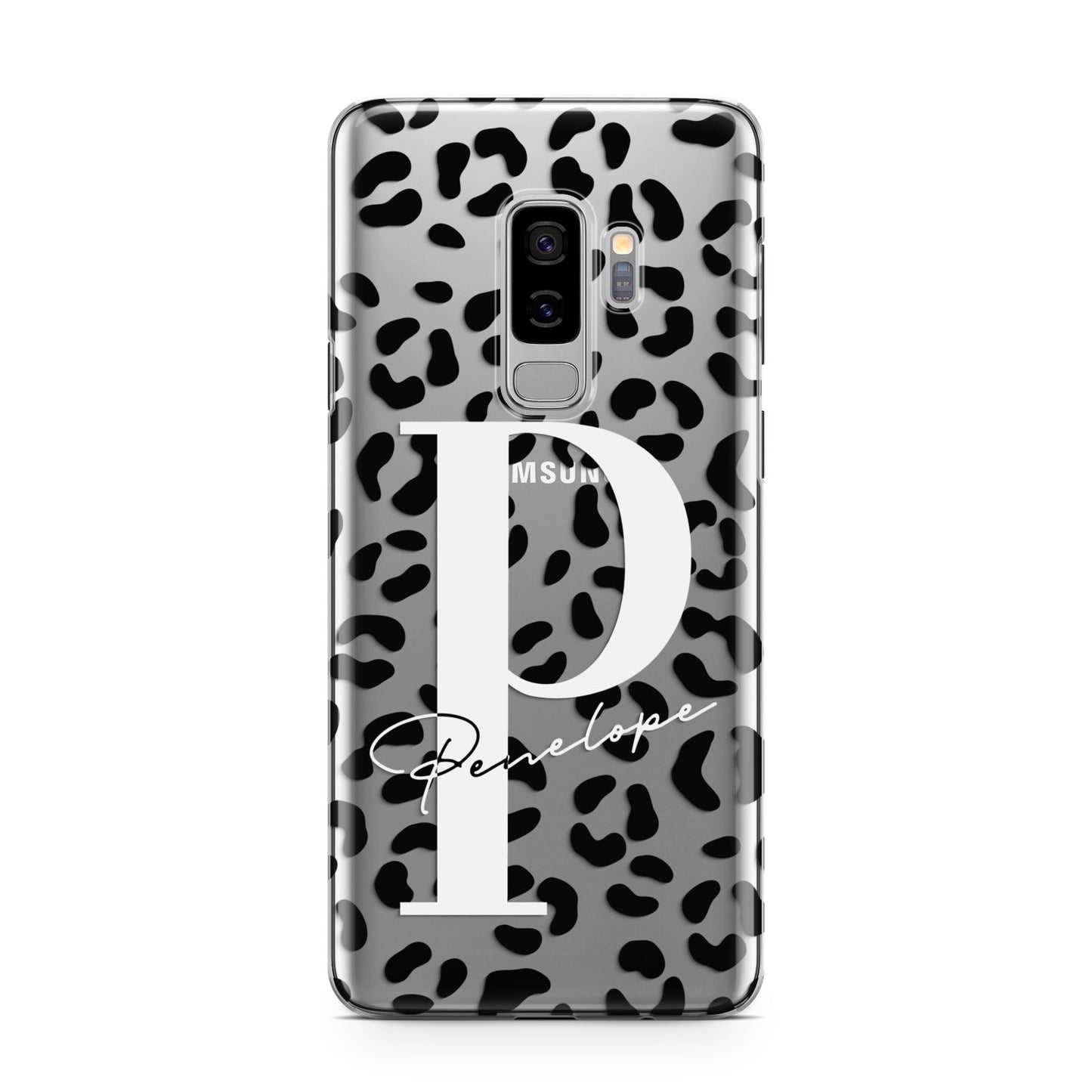 Personalised Leopard Print Clear Black Samsung Galaxy S9 Plus Case on Silver phone