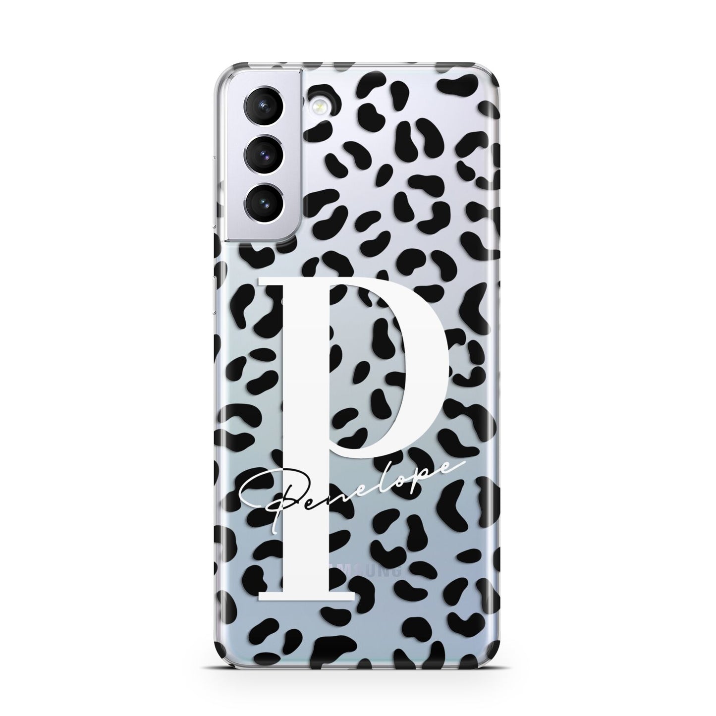 Personalised Leopard Print Clear Black Samsung S21 Plus Phone Case