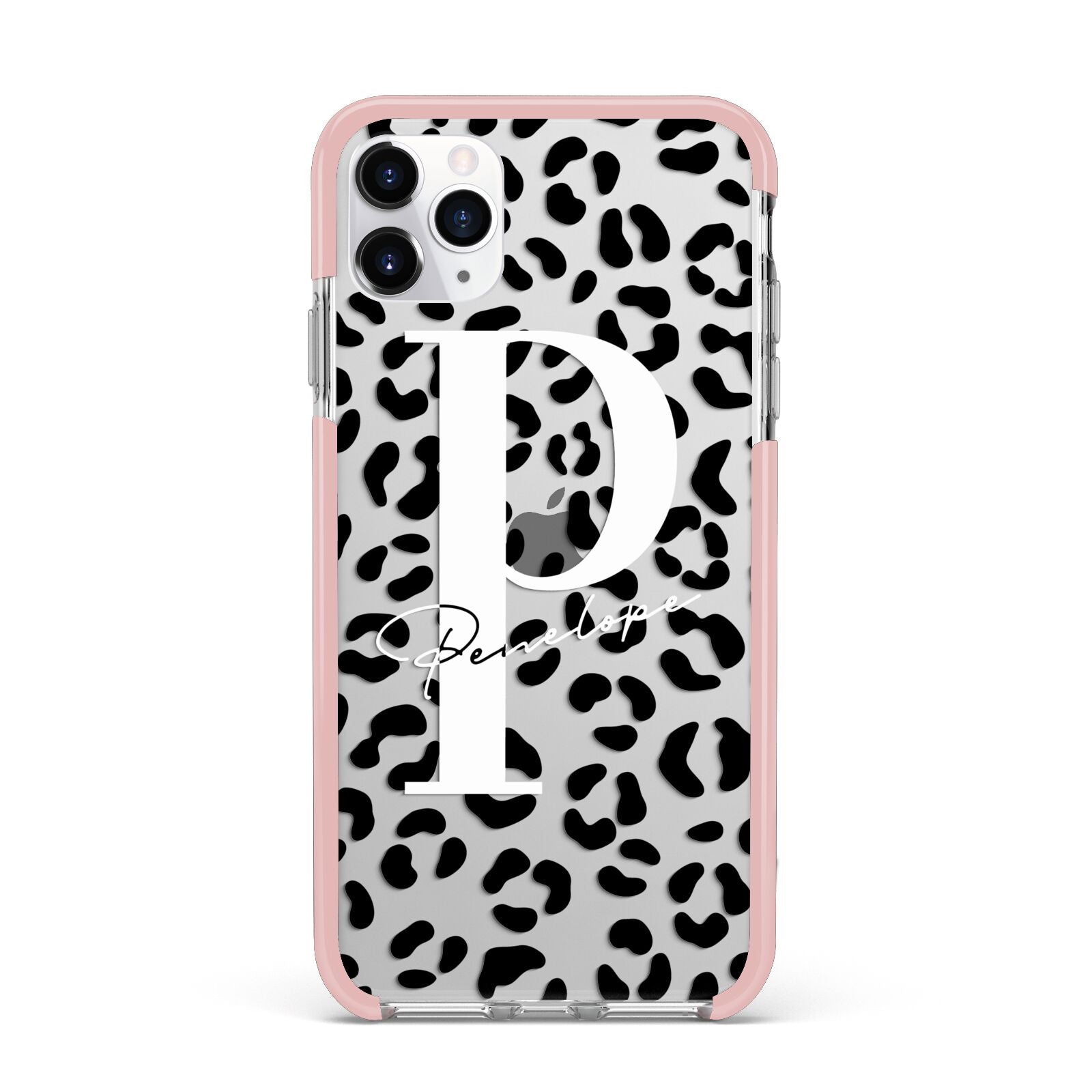 Personalised Leopard Print Clear Black iPhone 11 Pro Max Impact Pink Edge Case