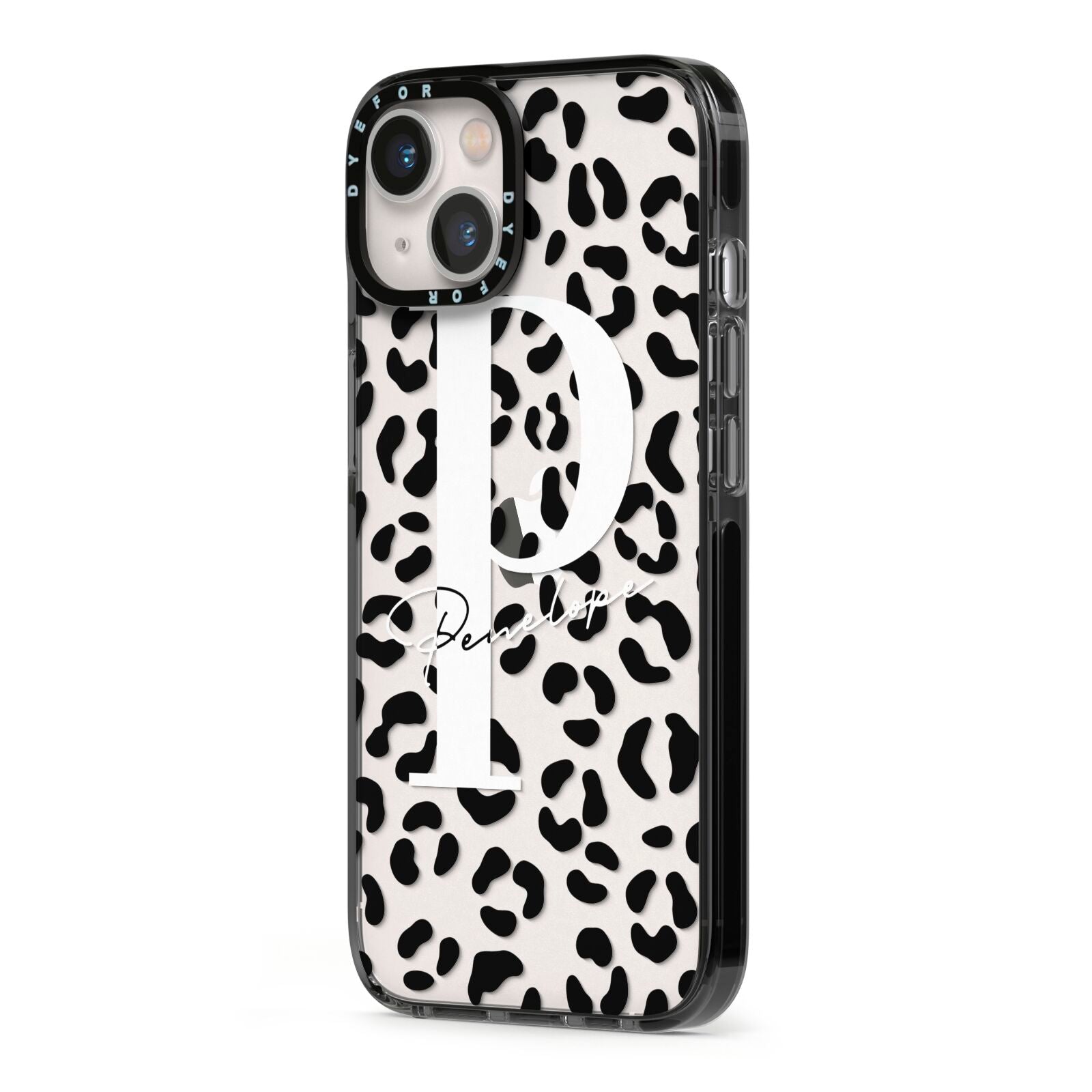 Personalised Leopard Print Clear Black iPhone 13 Black Impact Case Side Angle on Silver phone