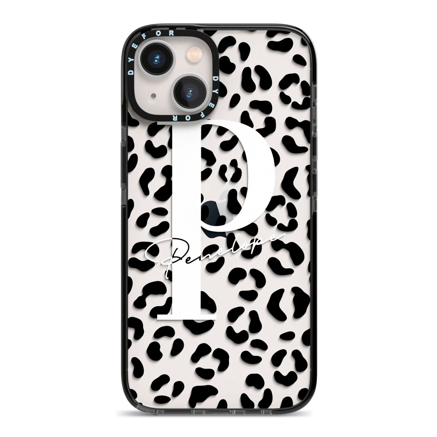 Personalised Leopard Print Clear Black iPhone 13 Black Impact Case on Silver phone