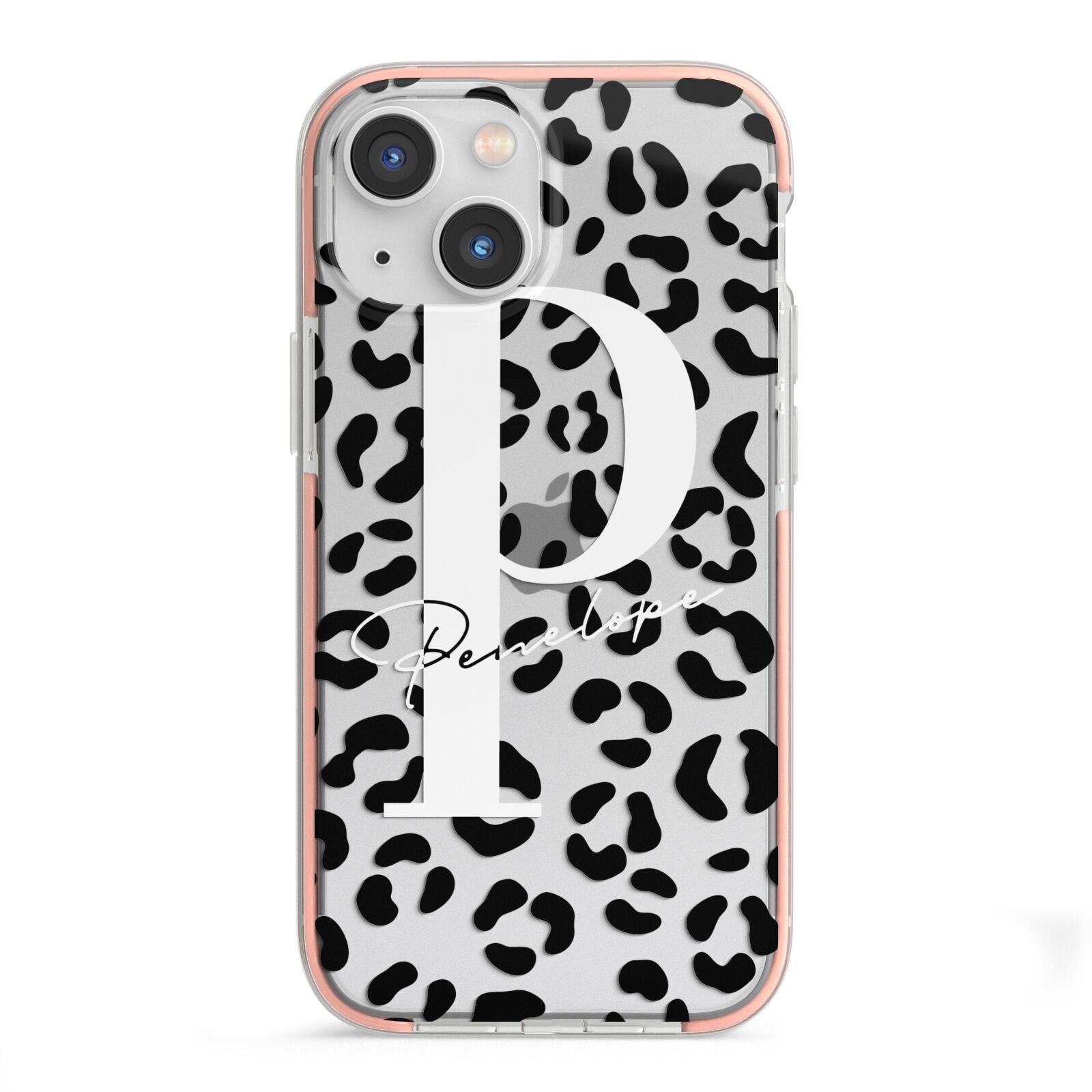 Personalised Leopard Print Clear Black iPhone 13 Mini TPU Impact Case with Pink Edges