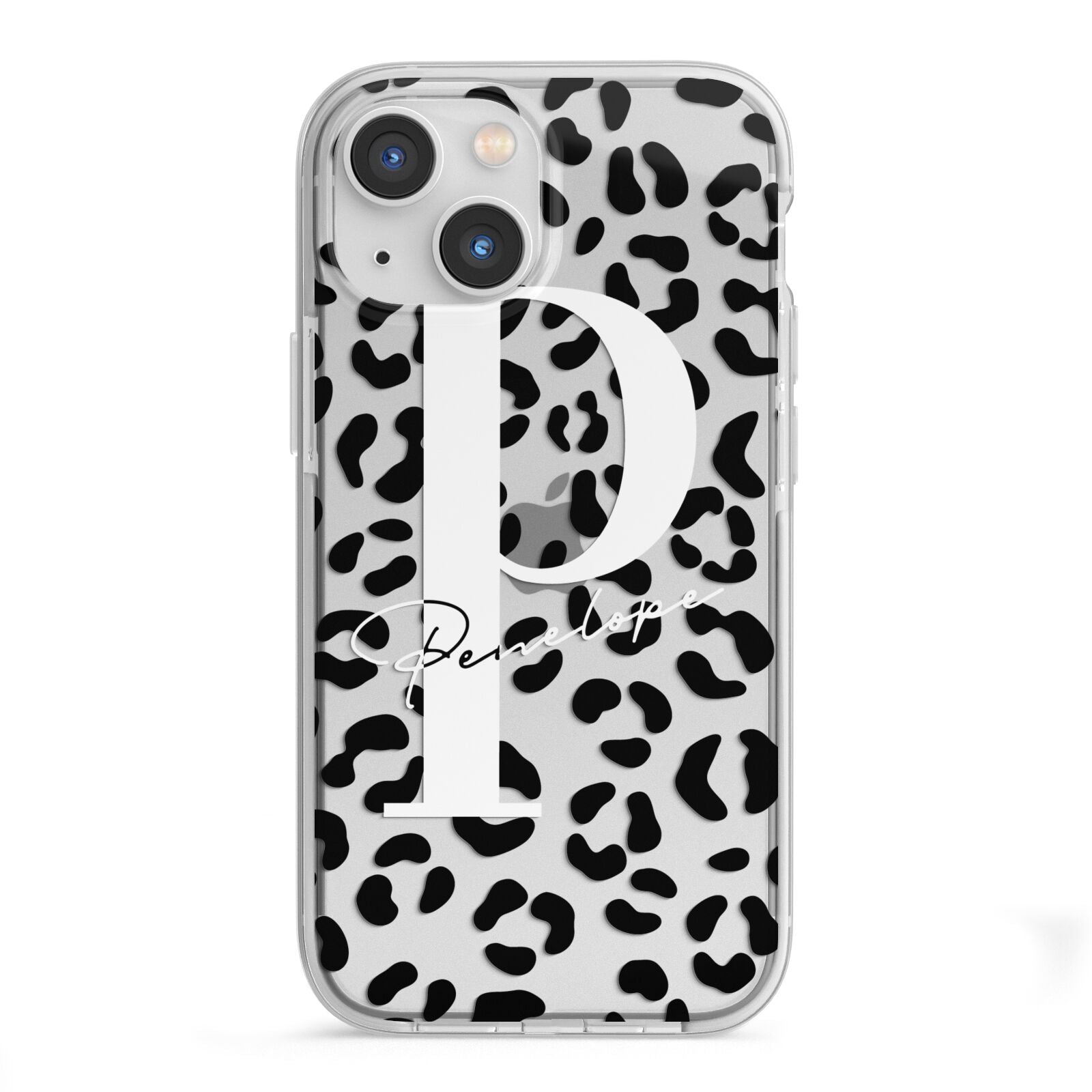 Personalised Leopard Print Clear Black iPhone 13 Mini TPU Impact Case with White Edges