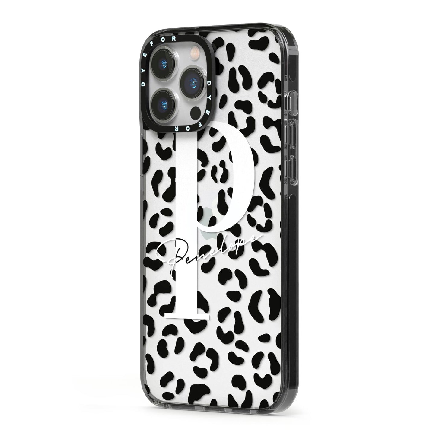 Personalised Leopard Print Clear Black iPhone 13 Pro Max Black Impact Case Side Angle on Silver phone