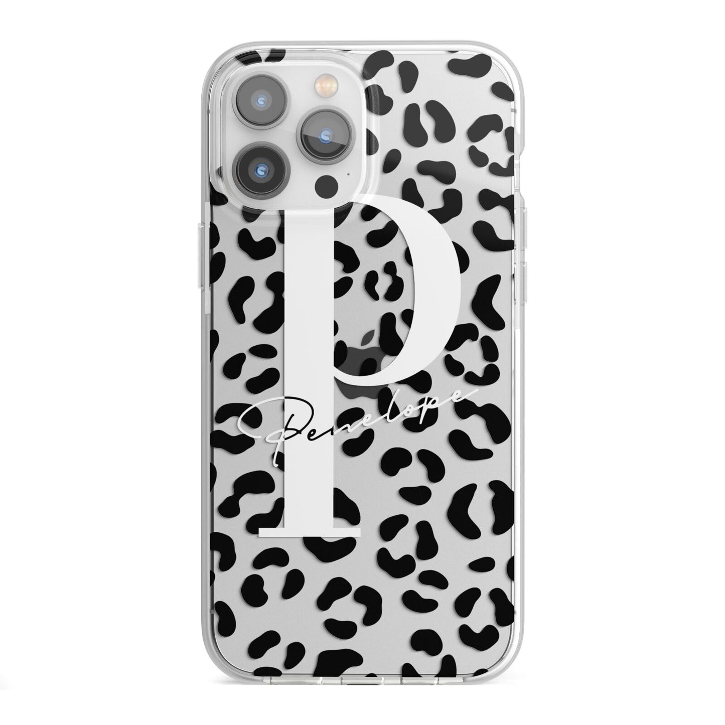 Personalised Leopard Print Clear Black iPhone 13 Pro Max TPU Impact Case with White Edges