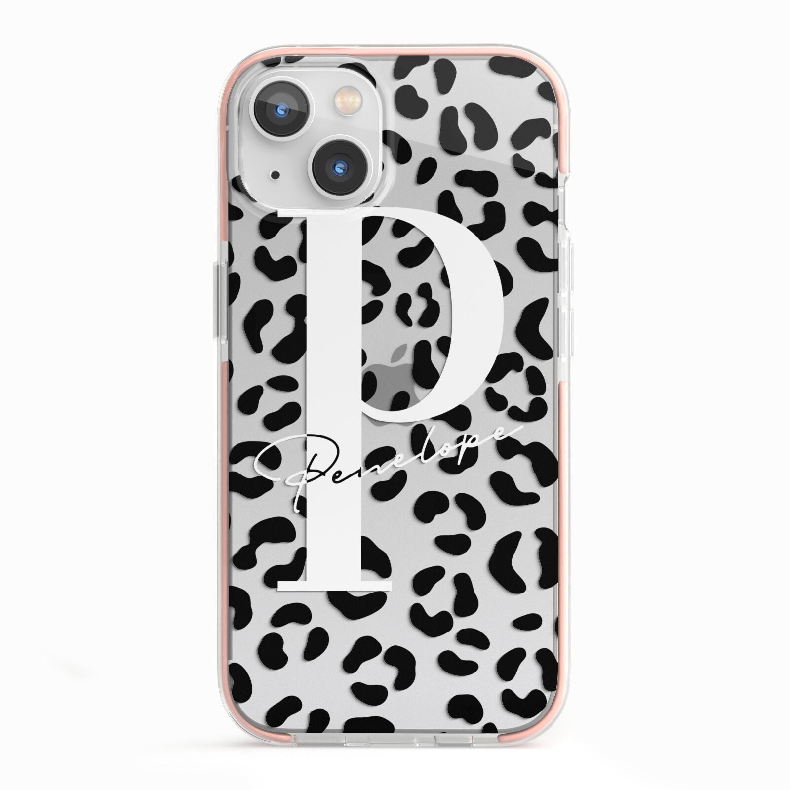 Personalised Leopard Print Clear Black iPhone 13 TPU Impact Case with Pink Edges