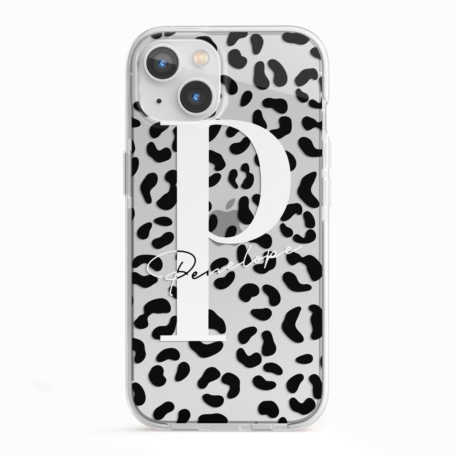 Personalised Leopard Print Clear Black iPhone 13 TPU Impact Case with White Edges