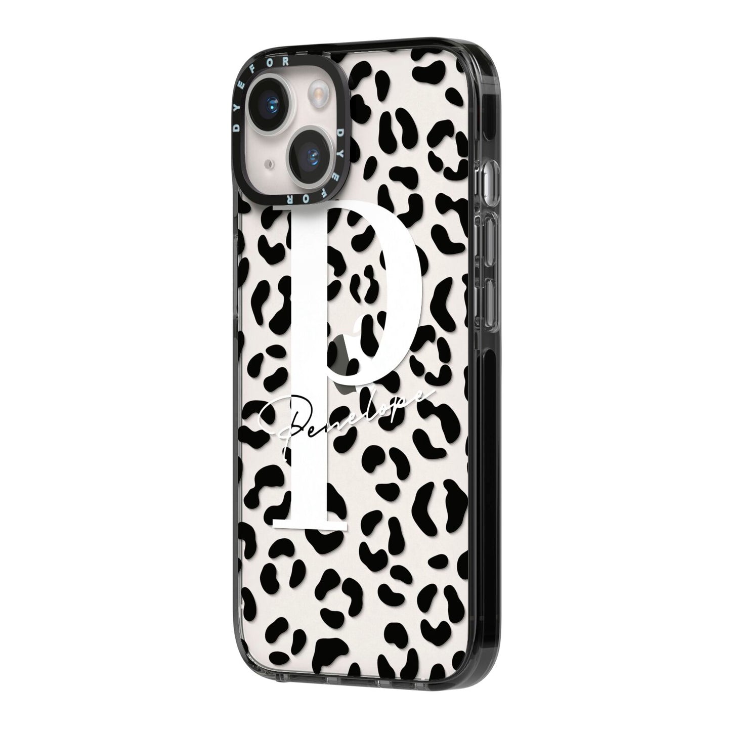 Personalised Leopard Print Clear Black iPhone 14 Black Impact Case Side Angle on Silver phone