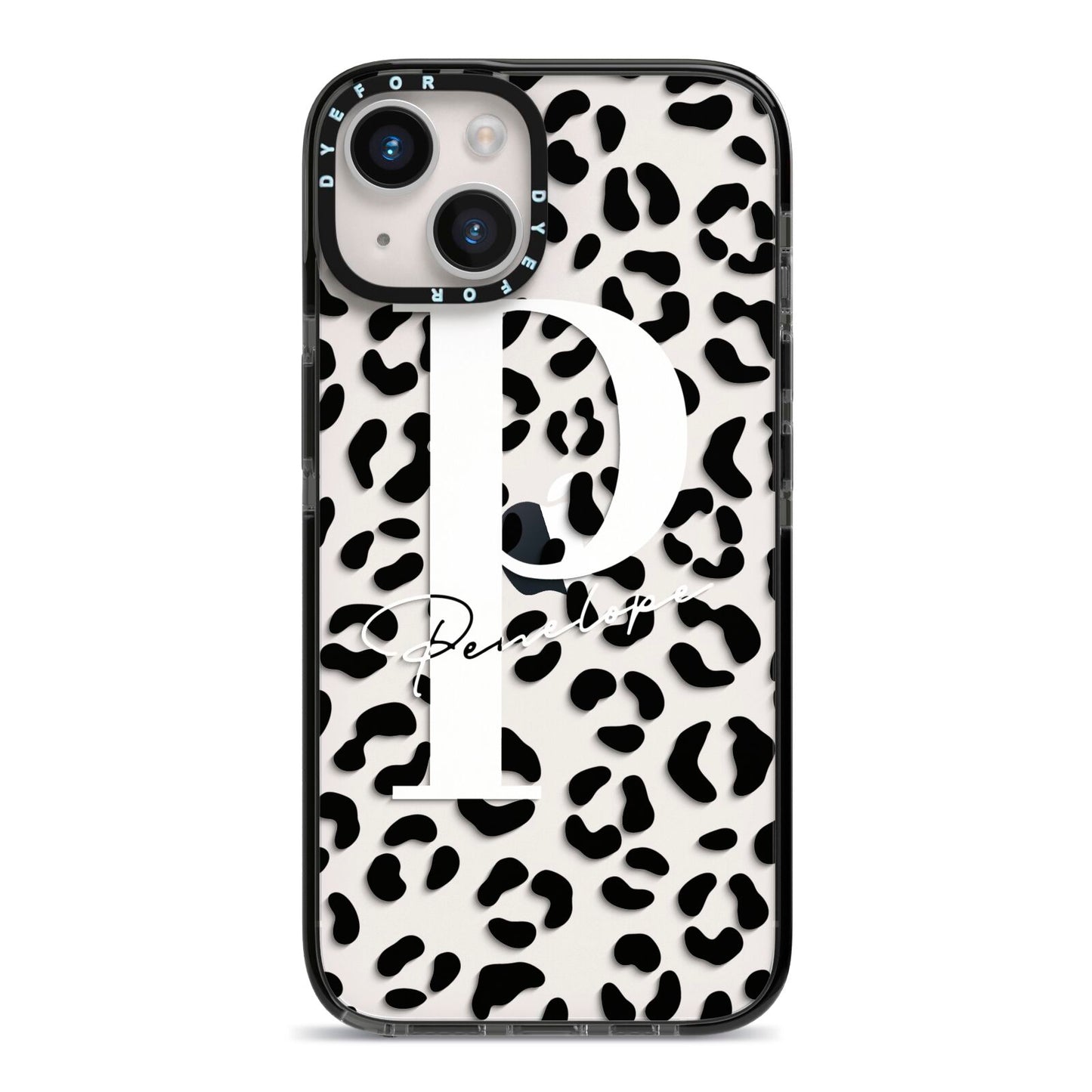 Personalised Leopard Print Clear Black iPhone 14 Black Impact Case on Silver phone
