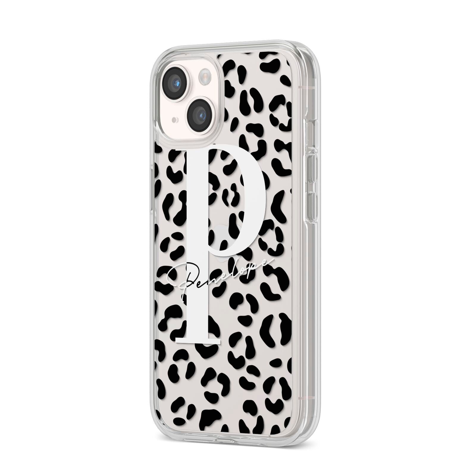 Personalised Leopard Print Clear Black iPhone 14 Clear Tough Case Starlight Angled Image
