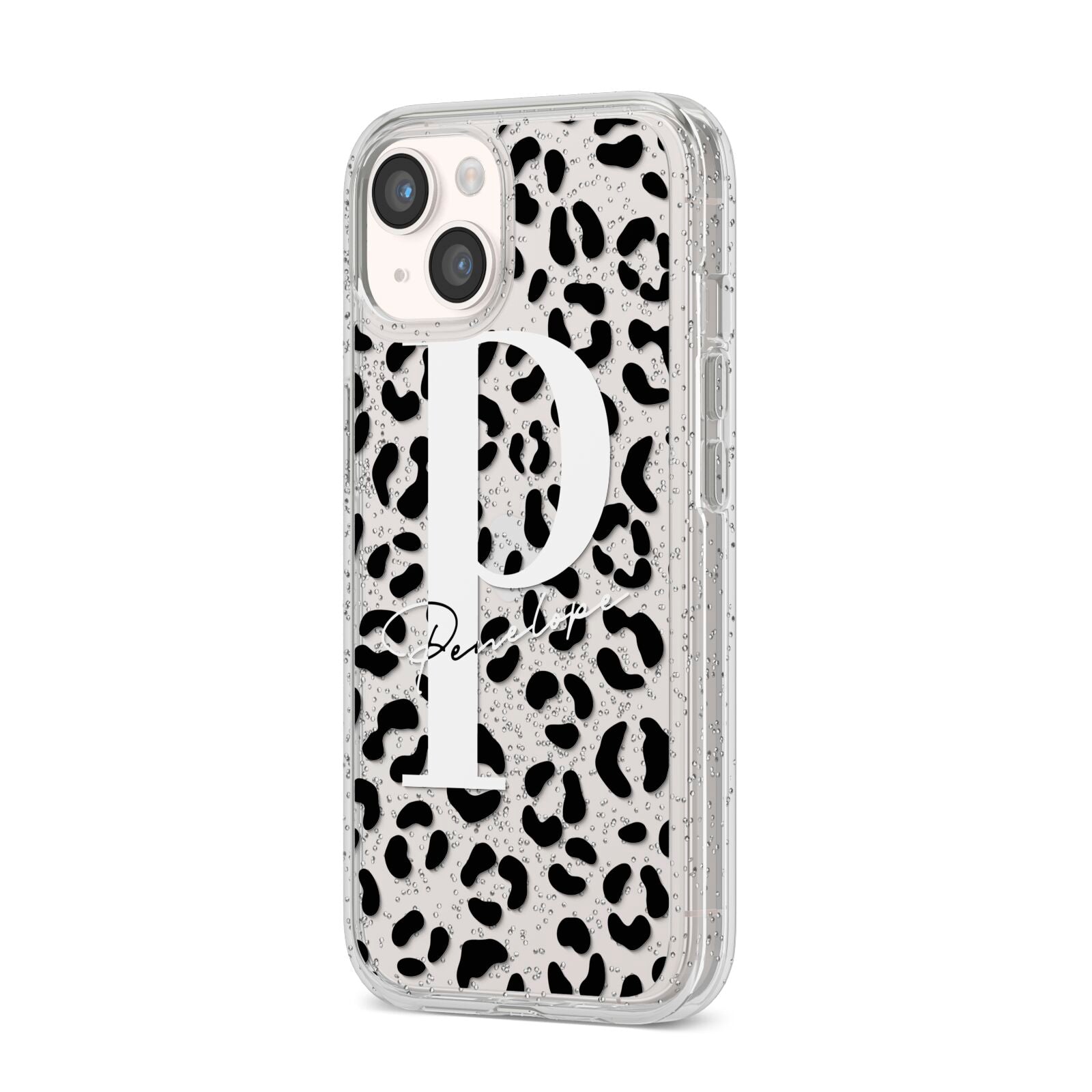 Personalised Leopard Print Clear Black iPhone 14 Glitter Tough Case Starlight Angled Image