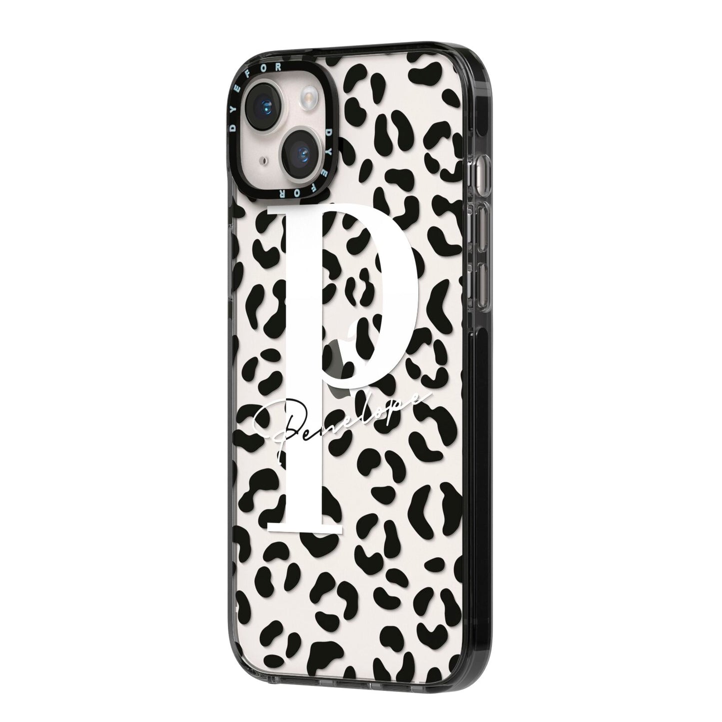 Personalised Leopard Print Clear Black iPhone 14 Plus Black Impact Case Side Angle on Silver phone