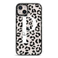 Personalised Leopard Print Clear Black iPhone 14 Plus Black Impact Case on Silver phone