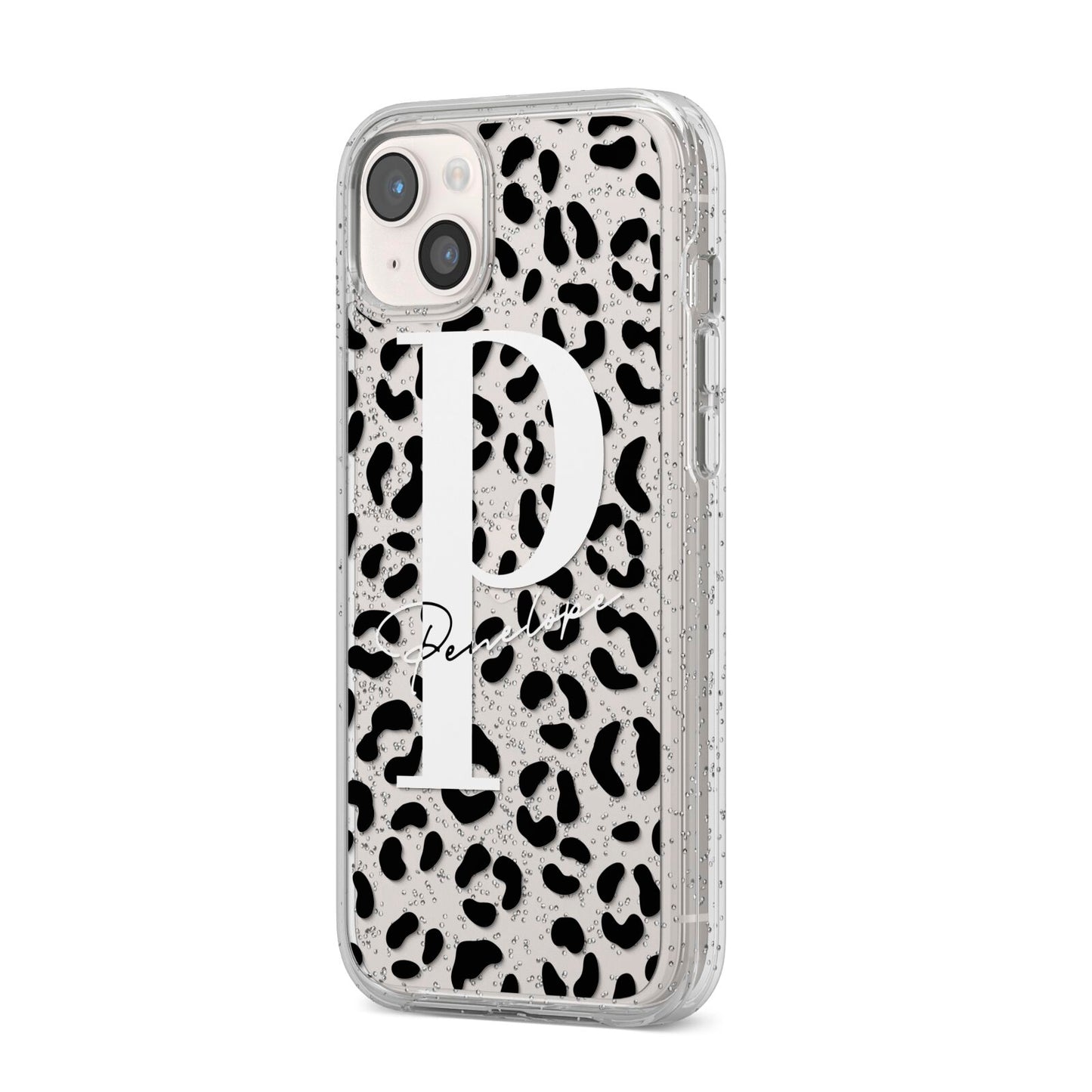 Personalised Leopard Print Clear Black iPhone 14 Plus Glitter Tough Case Starlight Angled Image