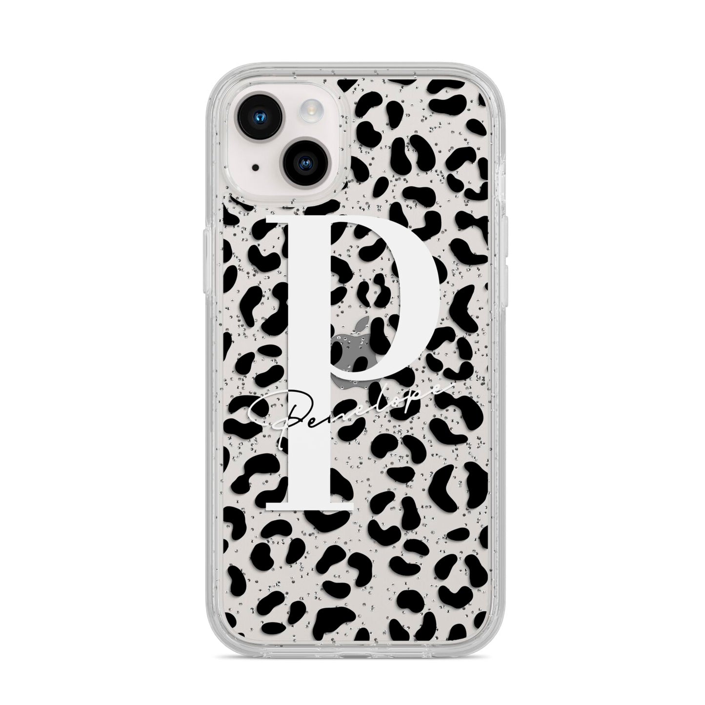 Personalised Leopard Print Clear Black iPhone 14 Plus Glitter Tough Case Starlight