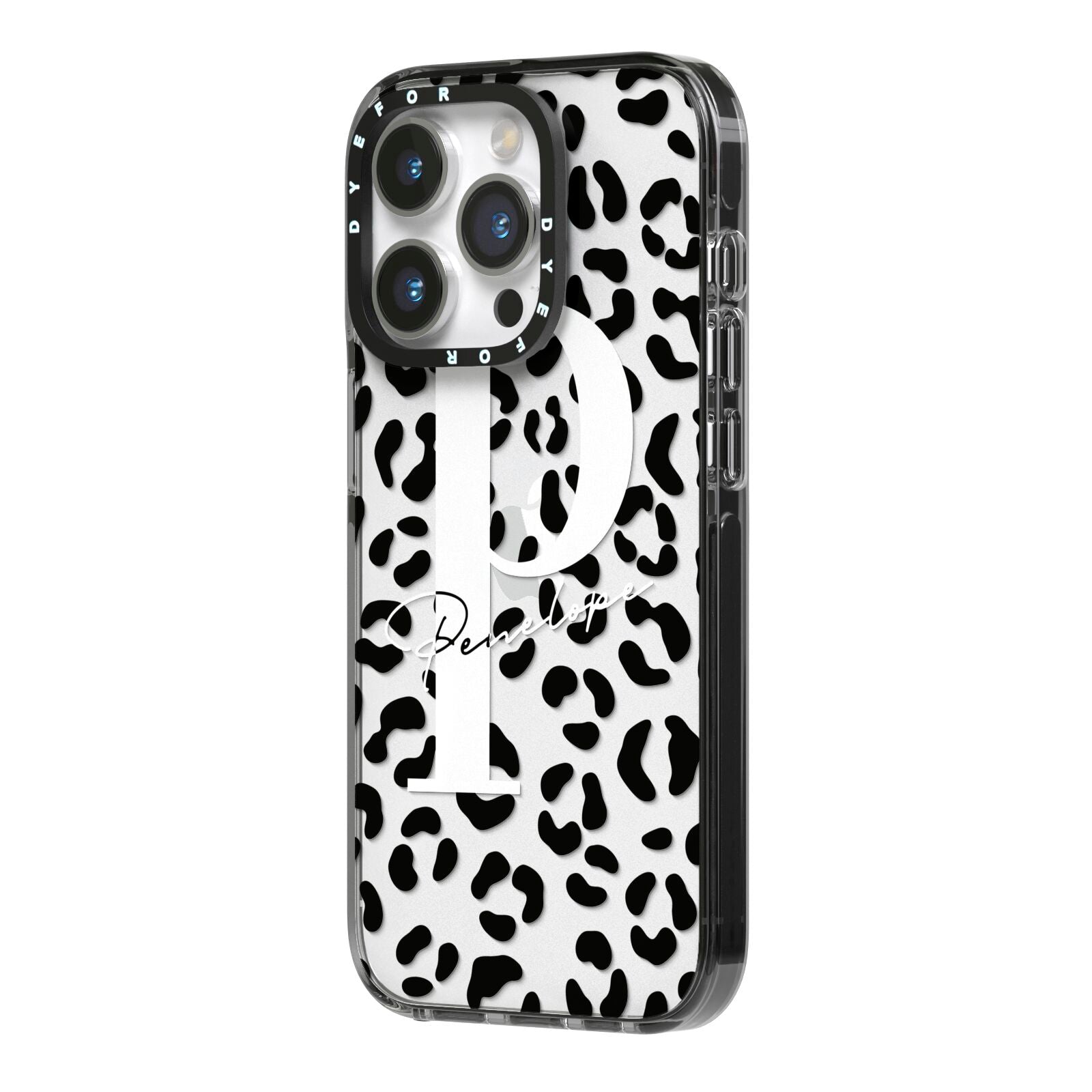 Personalised Leopard Print Clear Black iPhone 14 Pro Black Impact Case Side Angle on Silver phone