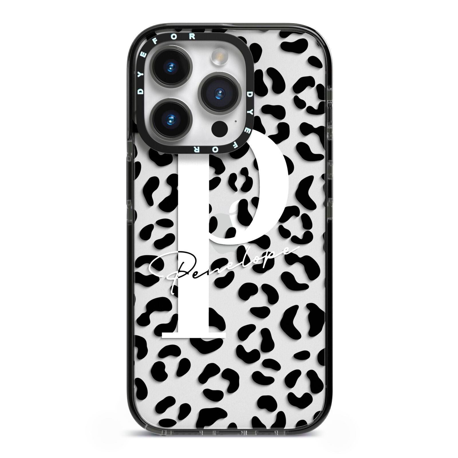 Personalised Leopard Print Clear Black iPhone 14 Pro Black Impact Case on Silver phone