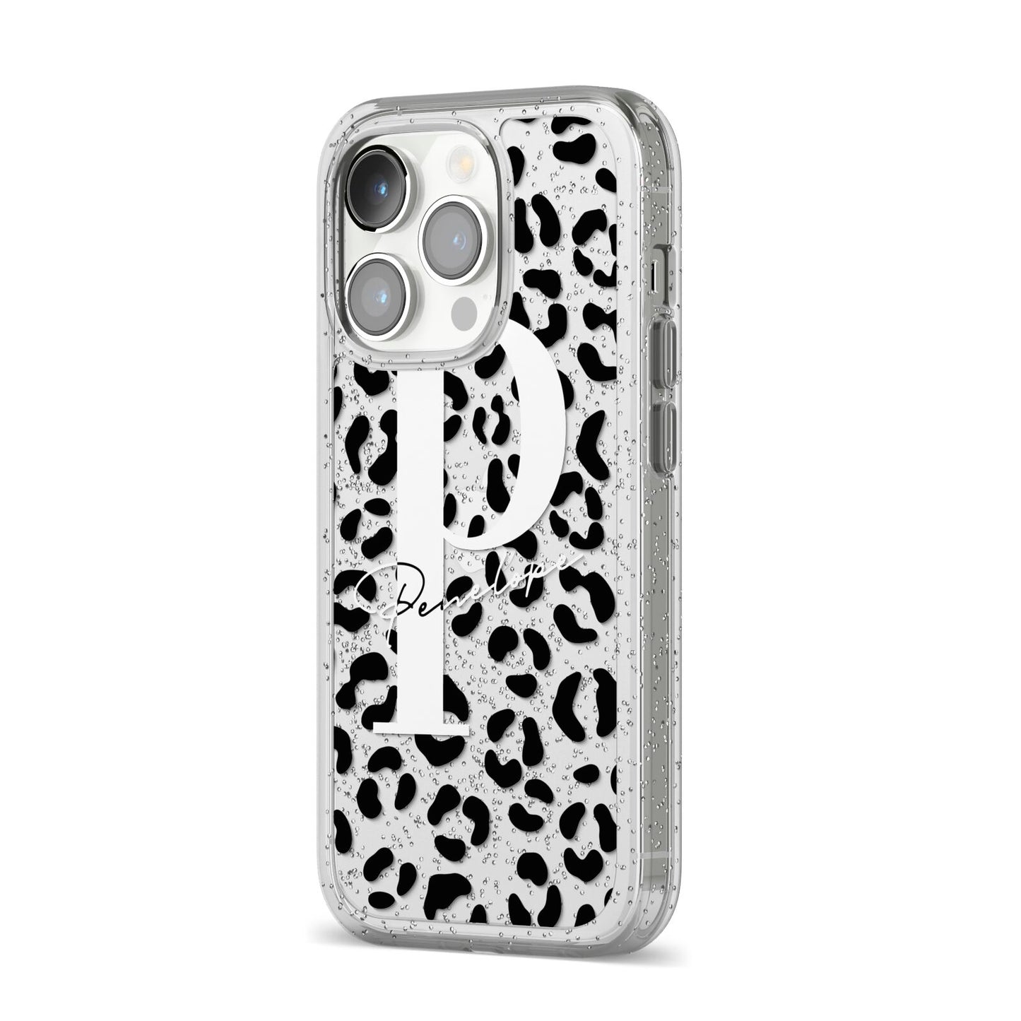 Personalised Leopard Print Clear Black iPhone 14 Pro Glitter Tough Case Silver Angled Image
