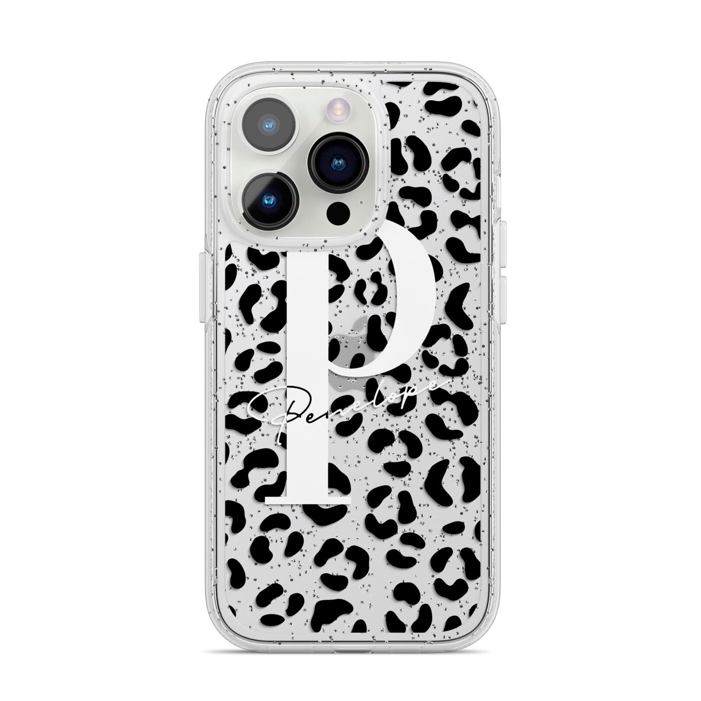 Personalised Leopard Print Clear Black iPhone 14 Pro Glitter Tough Case Silver