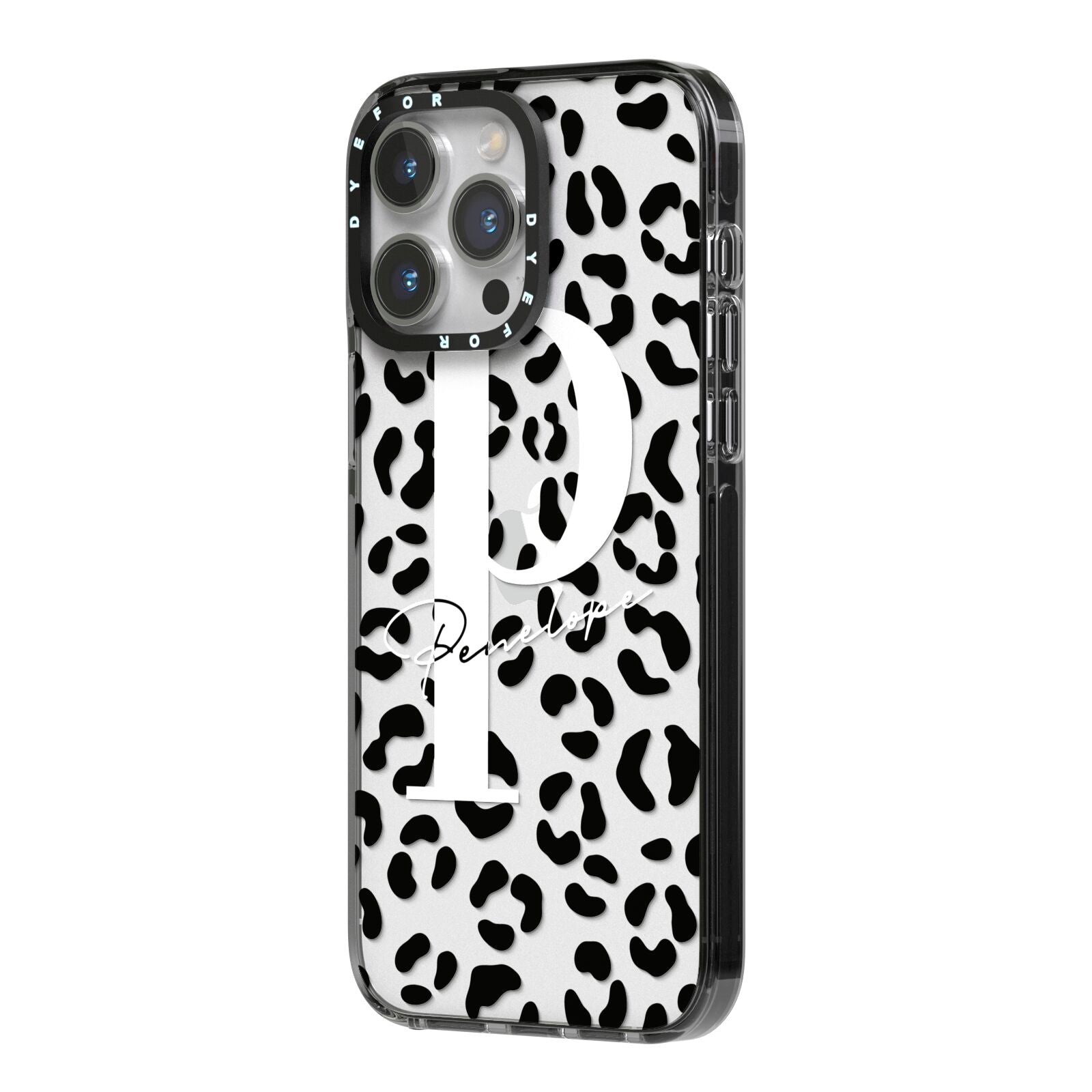 Personalised Leopard Print Clear Black iPhone 14 Pro Max Black Impact Case Side Angle on Silver phone