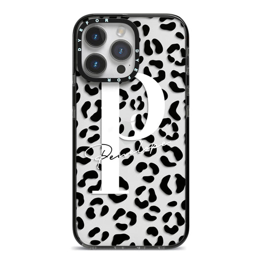 Personalised Leopard Print Clear Black iPhone 14 Pro Max Black Impact Case on Silver phone