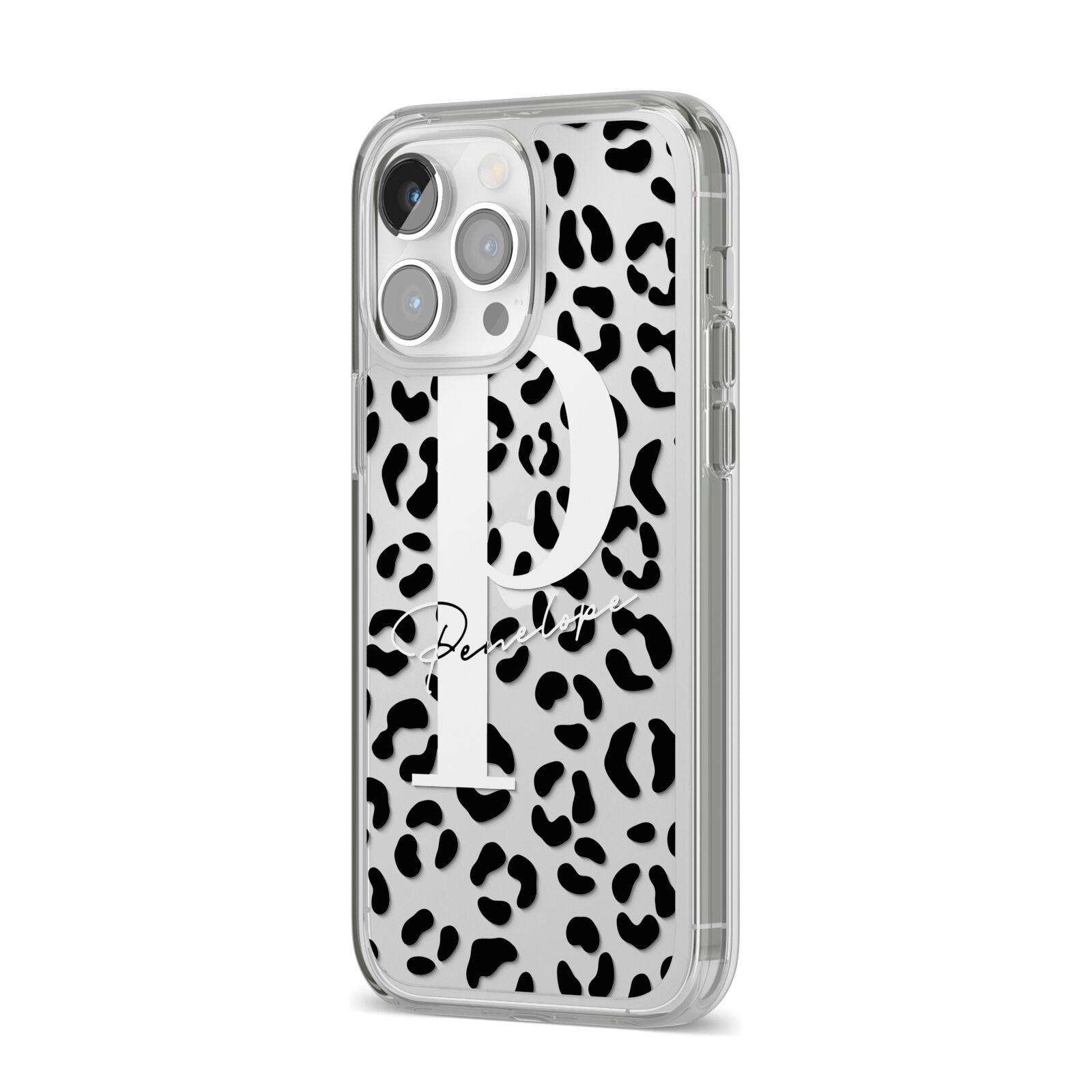 Personalised Leopard Print Clear Black iPhone 14 Pro Max Clear Tough Case Silver Angled Image
