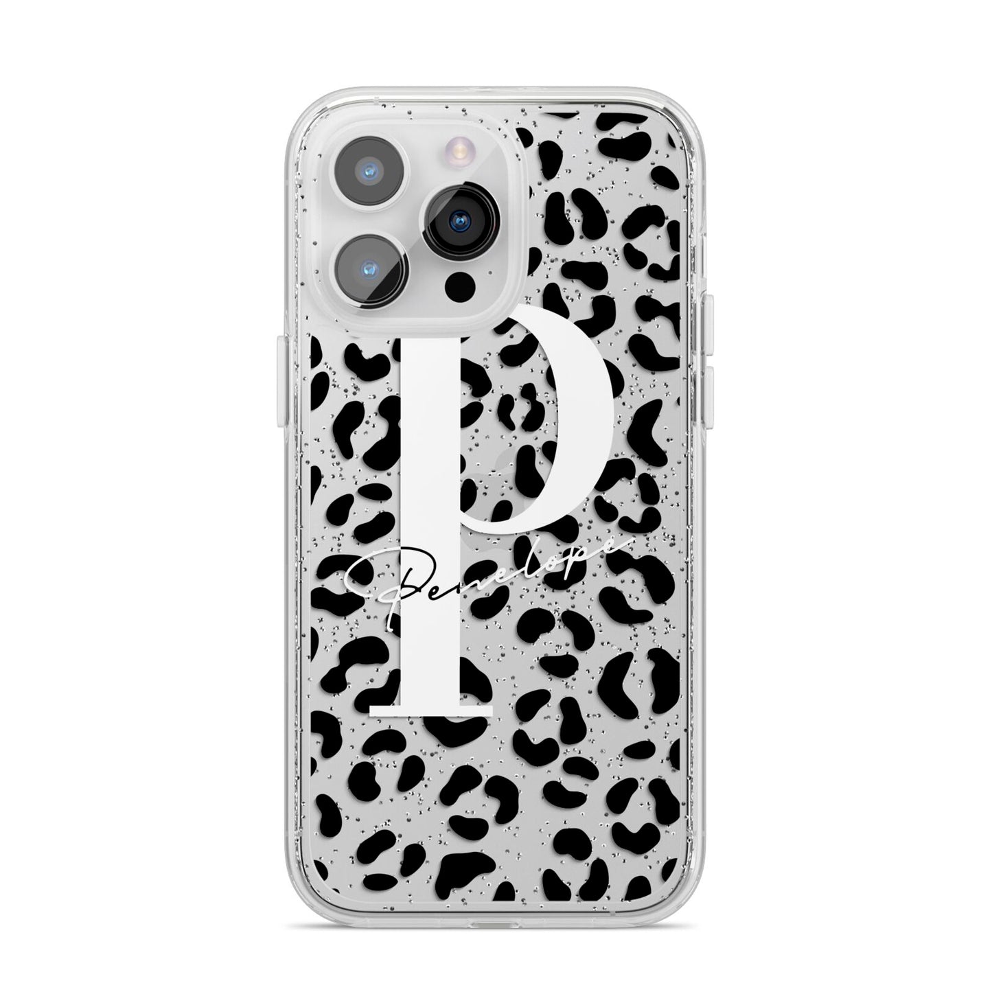 Personalised Leopard Print Clear Black iPhone 14 Pro Max Glitter Tough Case Silver